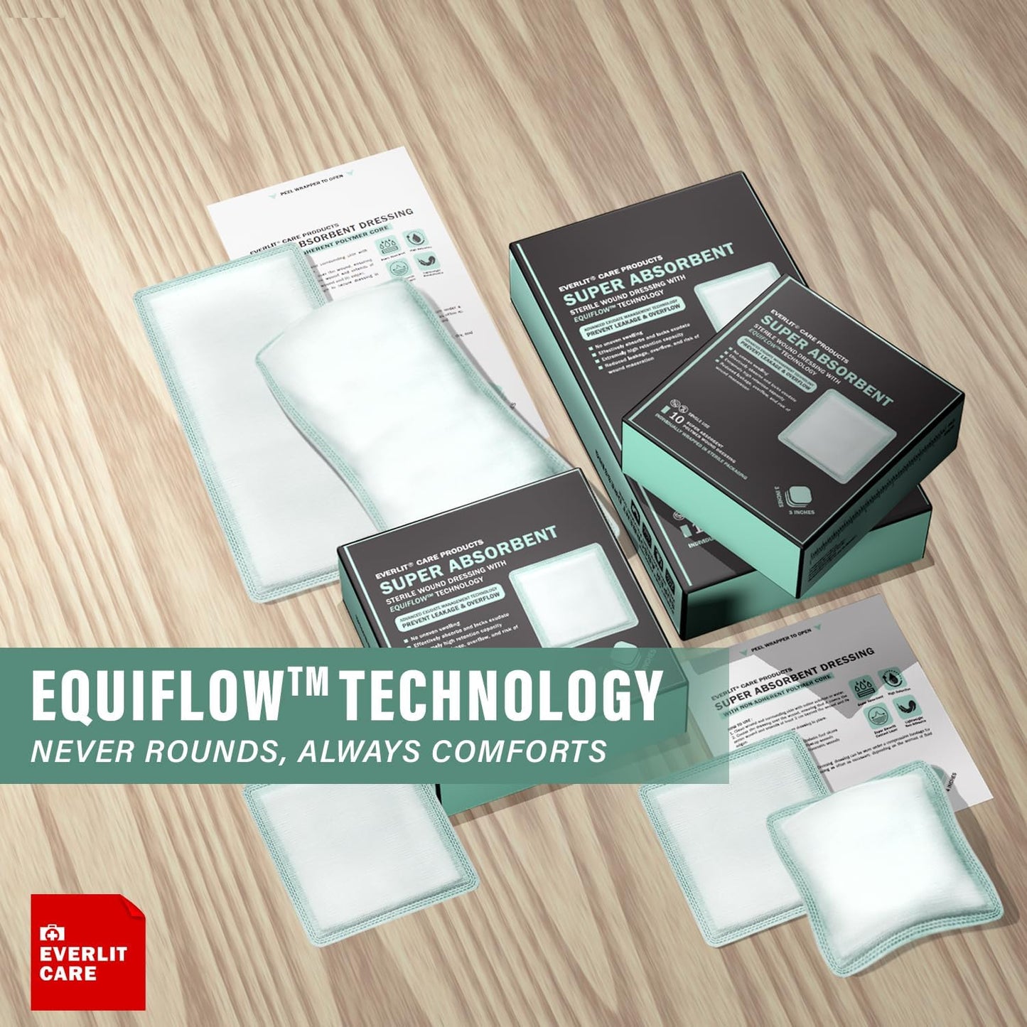 EquiFlow Super Absorbent Dressing for Heavily Exuding Wound | Fast-Absorbing Non-Adhesive Polymer Dressing with Nonstick Gauze Pad | High Absorption & Retention | Pack of 10 (4" x 8")