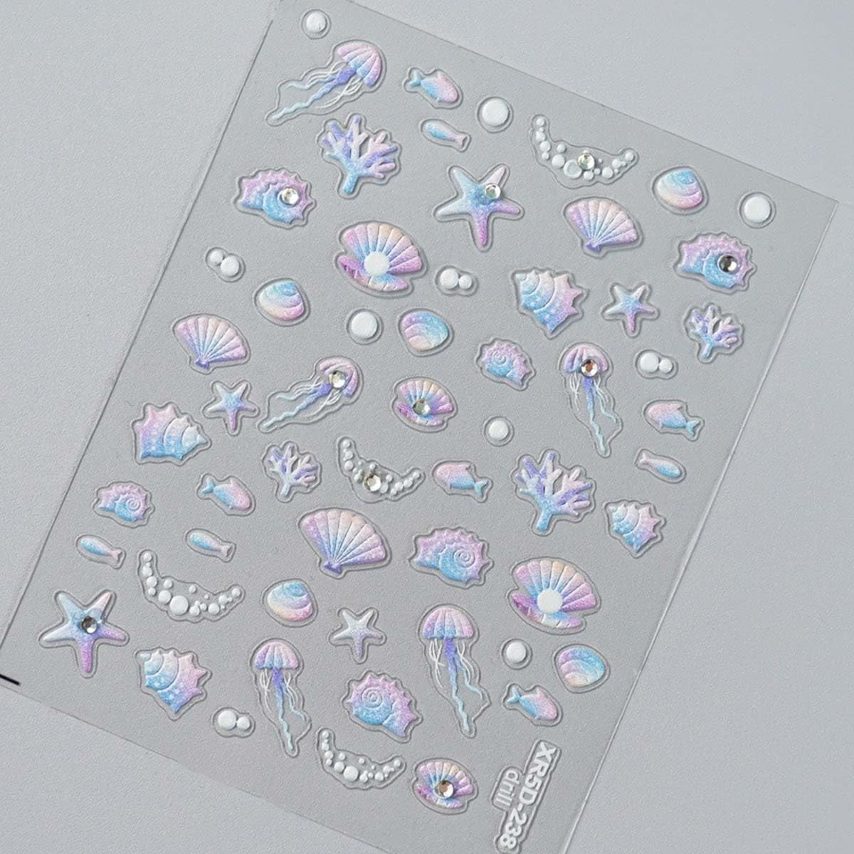 2Sheet Summer Nail Art Stickers 5D Embossed Nail Decals with Pearl Shiny Shell Starfish Jellyfish Design Self-Adhesive Nail Supplies DIY Acrylic Manicure Accessories for Women Girls