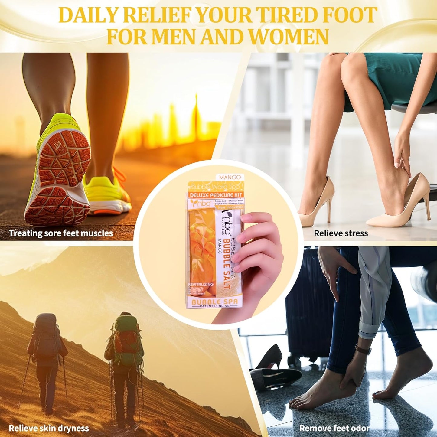 Pedicure Kit Foot Soak Set: Bubble Salt, Sugar Scrub, Massage Mask, Massage Lotion in a Box, 4 Step Foot Spa Kit for Dry Feet, Softens Calluses, Soothes Sore, Tired Feet(3 Set Rose)