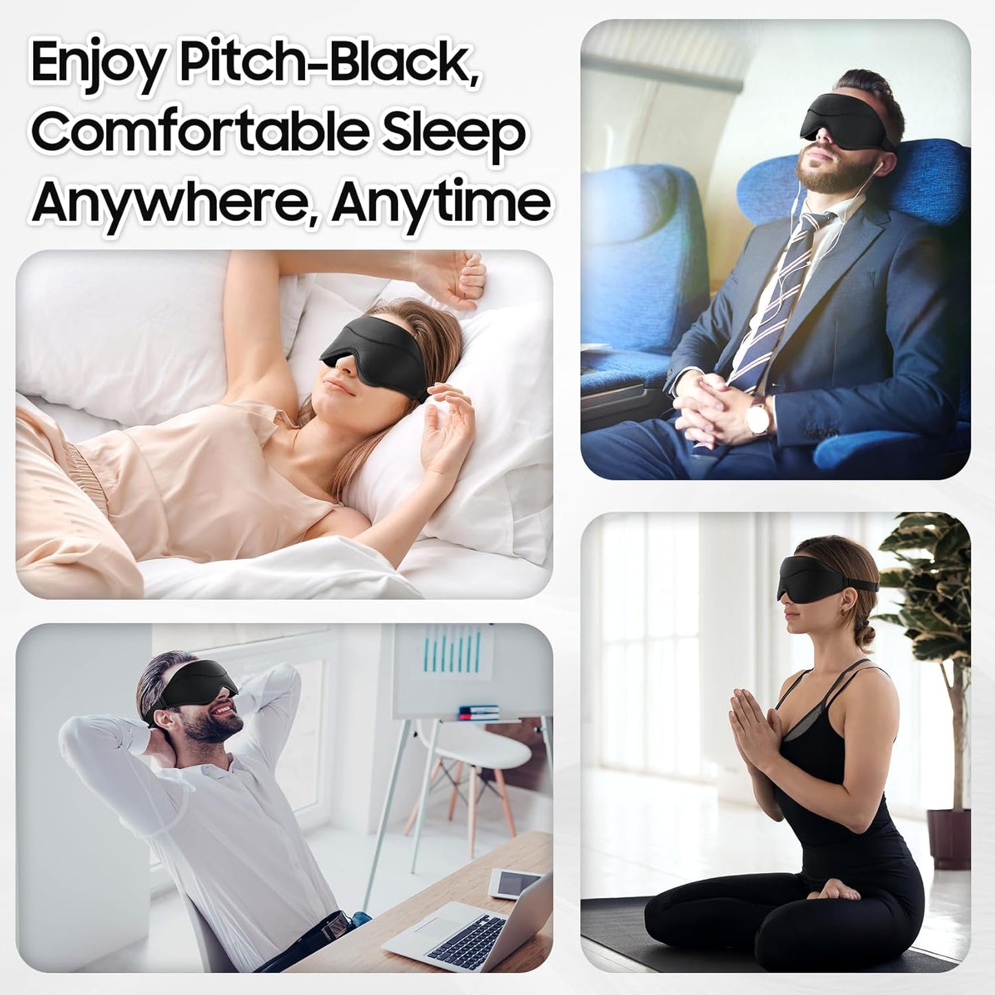 Sleep Mask - Total Blackout 3D Sleeping Mask, Super Lightweight & Silky Soft Eye Mask for Sleeping, Fully Adjustable Fit for Home, Office, Traveling, Meditation, Yoga, Black