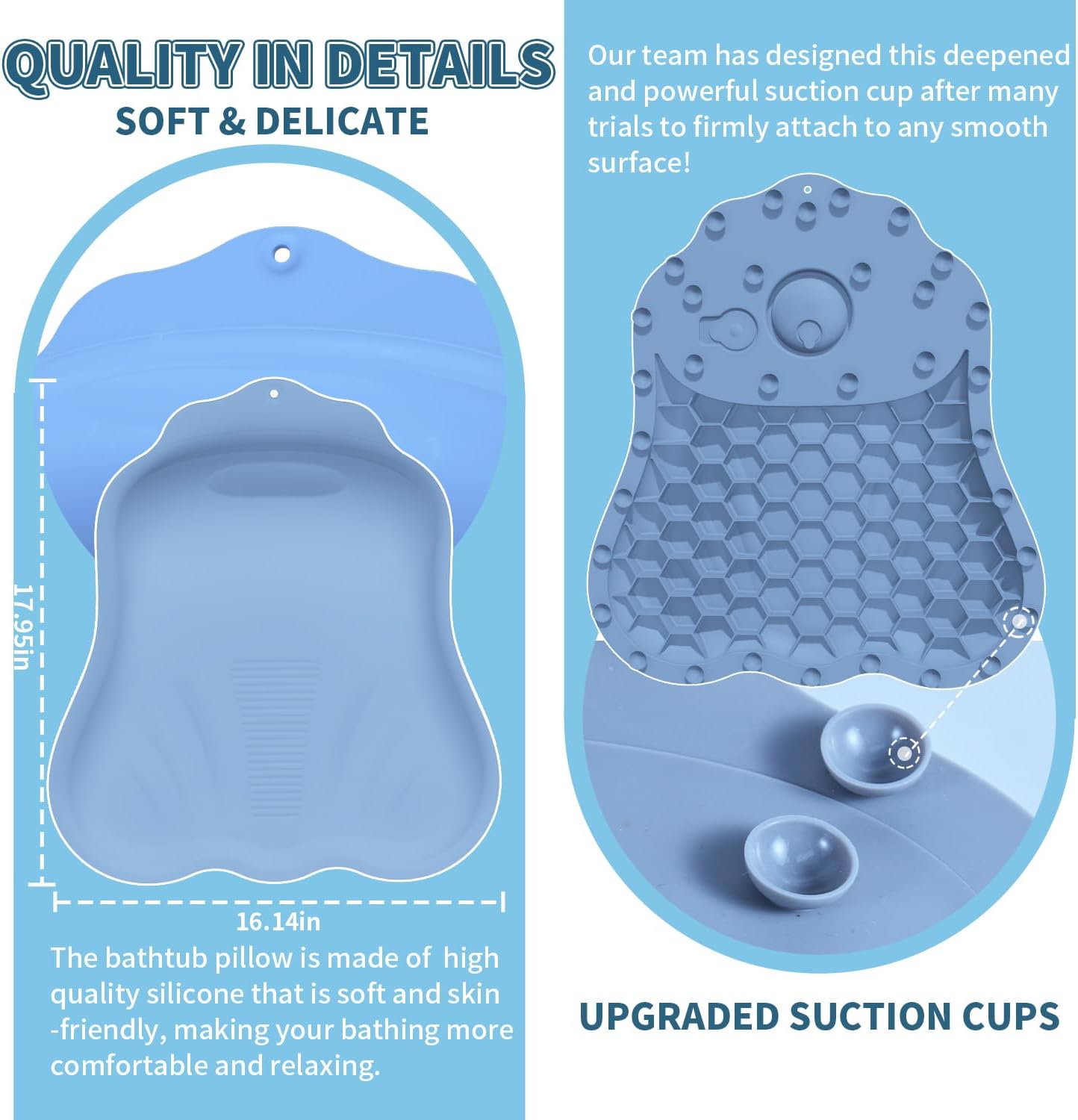 Silicone Bath Pillow for Tub – Ergonomic Bathtub Headrest with Inflatable Air Cushion, Non-Slip Suction Cups & Neck/Back Support – Comfortable Spa Bath Accessory for Relaxation (Blue)