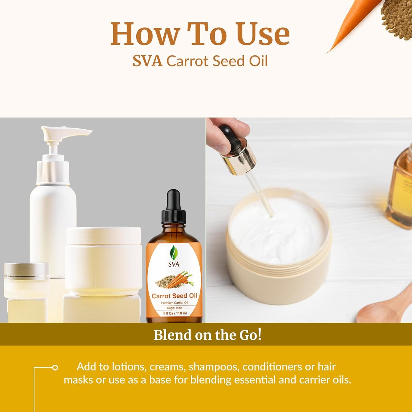 SVA Carrot Seed Oil - 4 Fl Oz – 100% Natural Cold Pressed Carrot Oil - for Face, Skin Care, Hair Care, Scalp Massage & Body Massage – Carrier Oil with Dropper