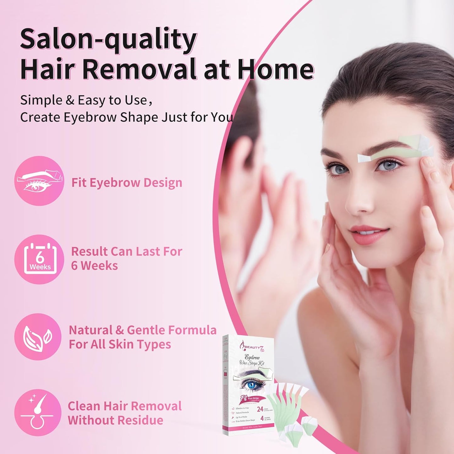 Beauty7 Facial Wax Strips Kit for Hair Removal - Eyebrow Shaper at Home - 24 Strips, 4 Calming Oil Wipes for Sensitive All Skin Types for Women