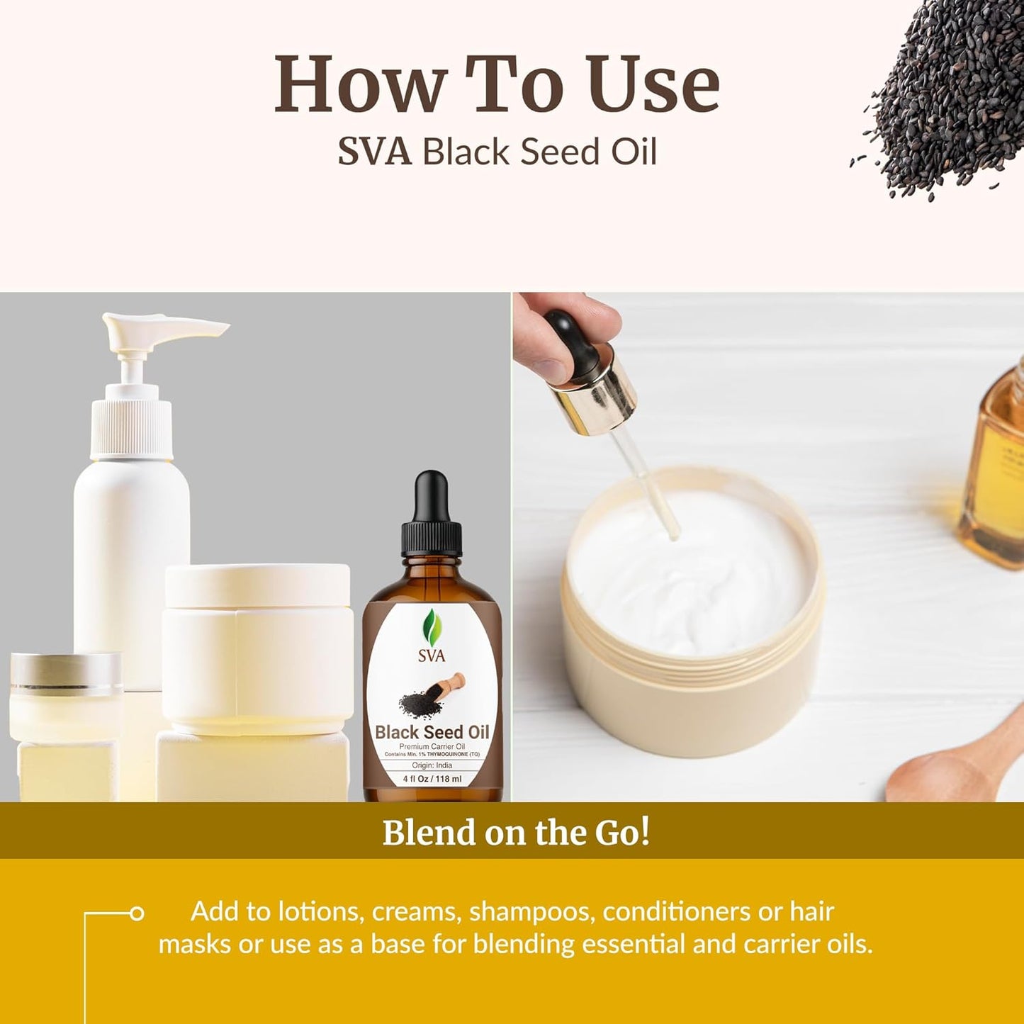 SVA Black Seed Oil - 4 Fl Oz – 100% Natural Cold Pressed Black Seed Oil - for Face, Skin Care, Hair Care, Scalp Massage & Body Massage – Carrier Oil with Dropper
