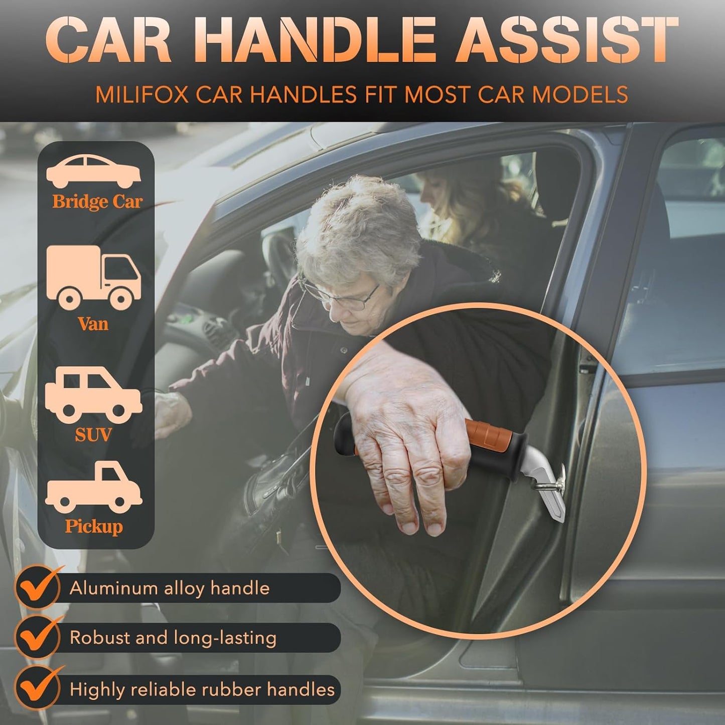 Car Door Handle for Elderly Car Handle Assist Support, Portable Auto Grab Handles for Handicap Seniors, Black and Orange 2 Pcs
