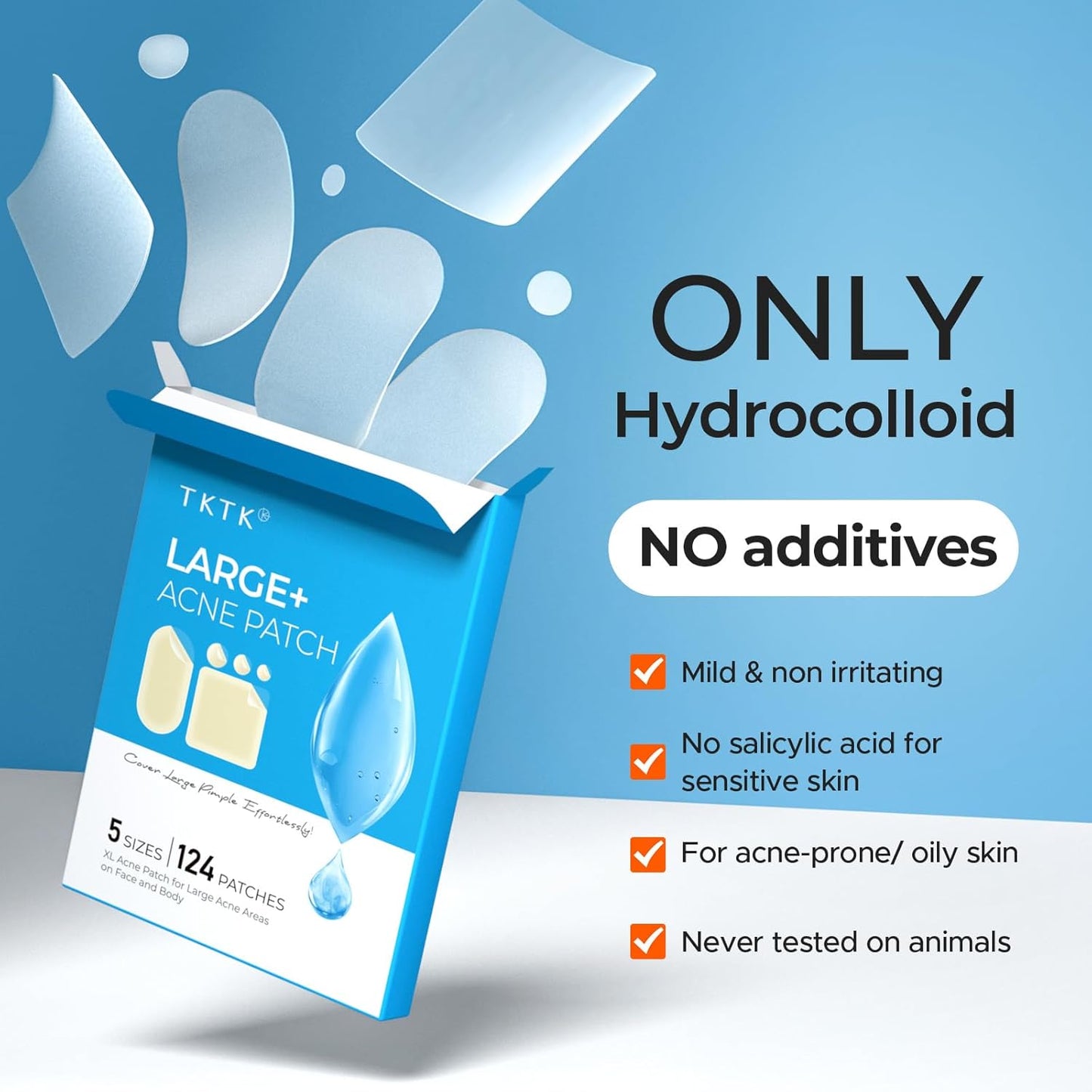 TKTK Large Pimple Patches for Face, 60 x 30 mm XL Acne Patches, Big Hydrocolloid Bandages for Body, Back, Forehead, Chin, Neck Blemish Zit Breakouts (Oval, Square, Dot 5 Sizes 124 Count)