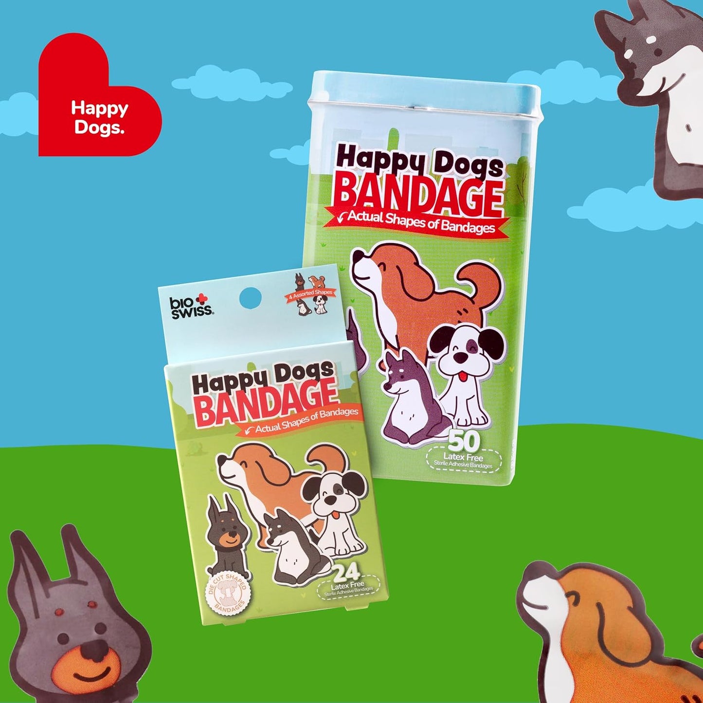 BioSwiss Kids Bandages, Dog Shaped Self Adhesive Bandage Set, Latex Free, Sterile Wound Care, 24 Count