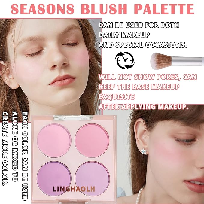 4 Colors Blush Palette for Cheeks - Face Matte Contour Makeup Palette, Buildable Shimmer Facial Cheek Blusher Shades, Blendable Cosmetic With Brush 02