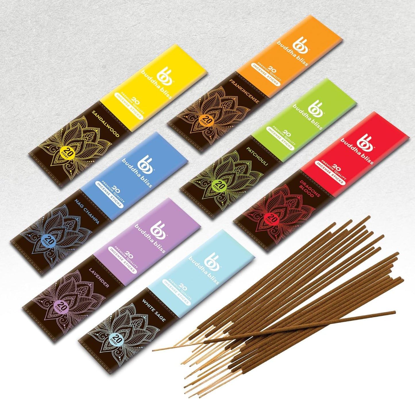 Mecka Buddha Bliss Incense Sticks - Set of 7 | 140 Sticks for Aromatherapy & Relaxation - Nag Champa, Frankincense, Sandalwood, White Sage Inscent | Natural Non Toxic Premium Long Burn Insenses