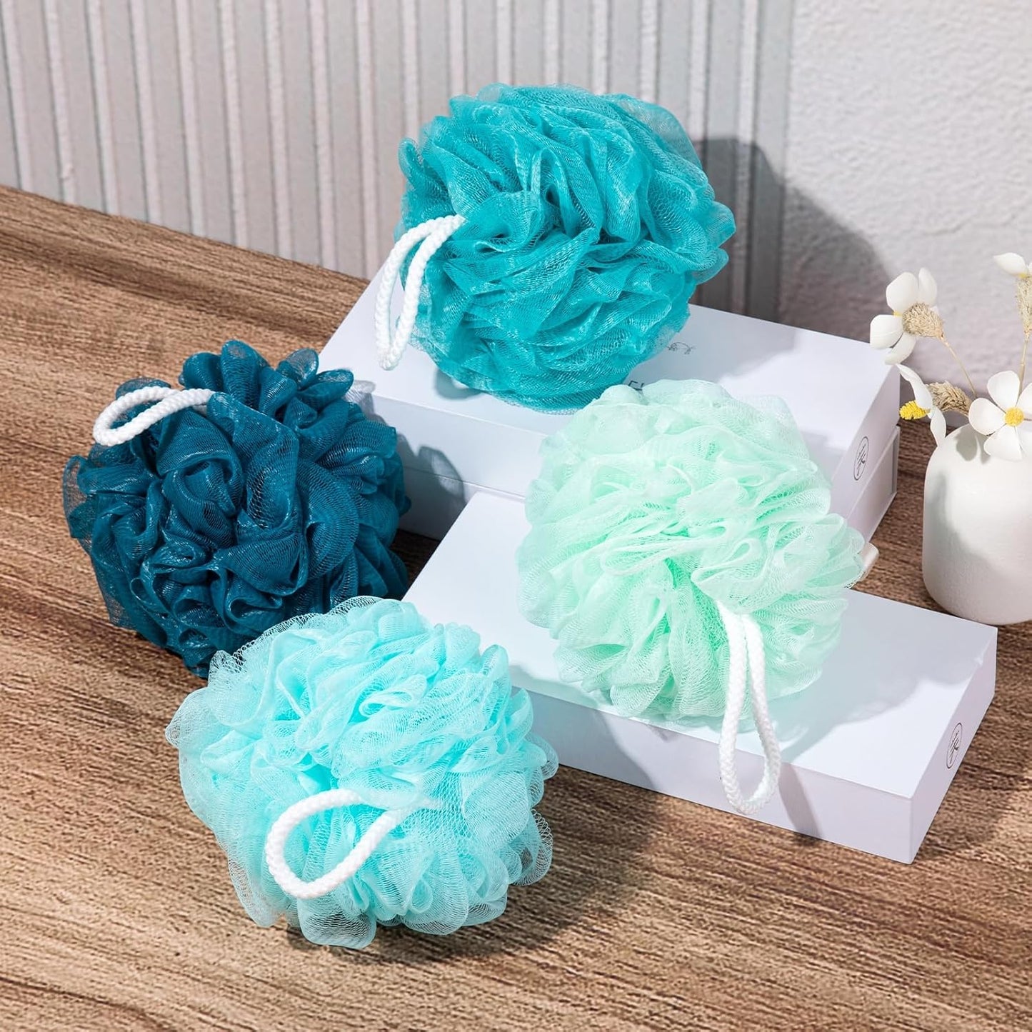 Loofah for Women 75g 4 Pack, Bath Sponge Soft Mesh Shower Puff Loofah Sponge, Exfoliating Body Scrubber, lufas for Women, Shower Accessories (Blue)