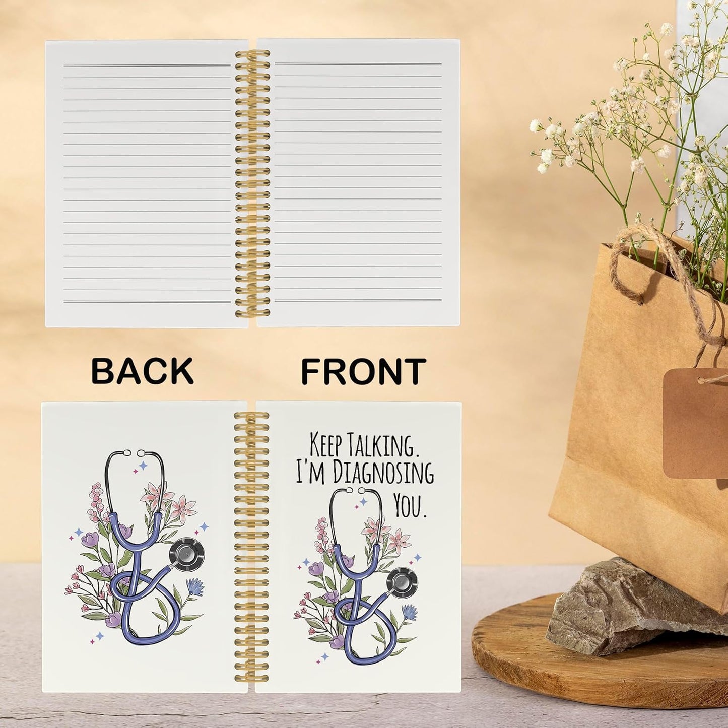 CUANFDDSF Therapist Gifts Notebook, Therapy Journal Notebooks for Women, SLP Speech Therapy Gifts,Writing Pads,Keep Talking I'm Diagnosing You Stethoscope Floral Hardcover Spiral Notebook 5.5x8.3 Inch