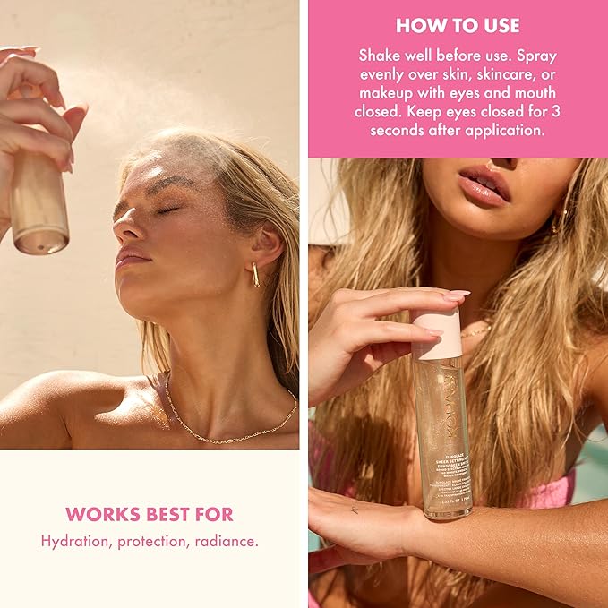 Kopari Sunglaze Sheer Setting Mist Sunscreen SPF 50, Weightless, Fast Drying, Ultra-Fine Setting Spray, Made With Hyaluronic Acid, Sets Makeup For A Hydrated, Dewy Finish, 2.53 fl oz