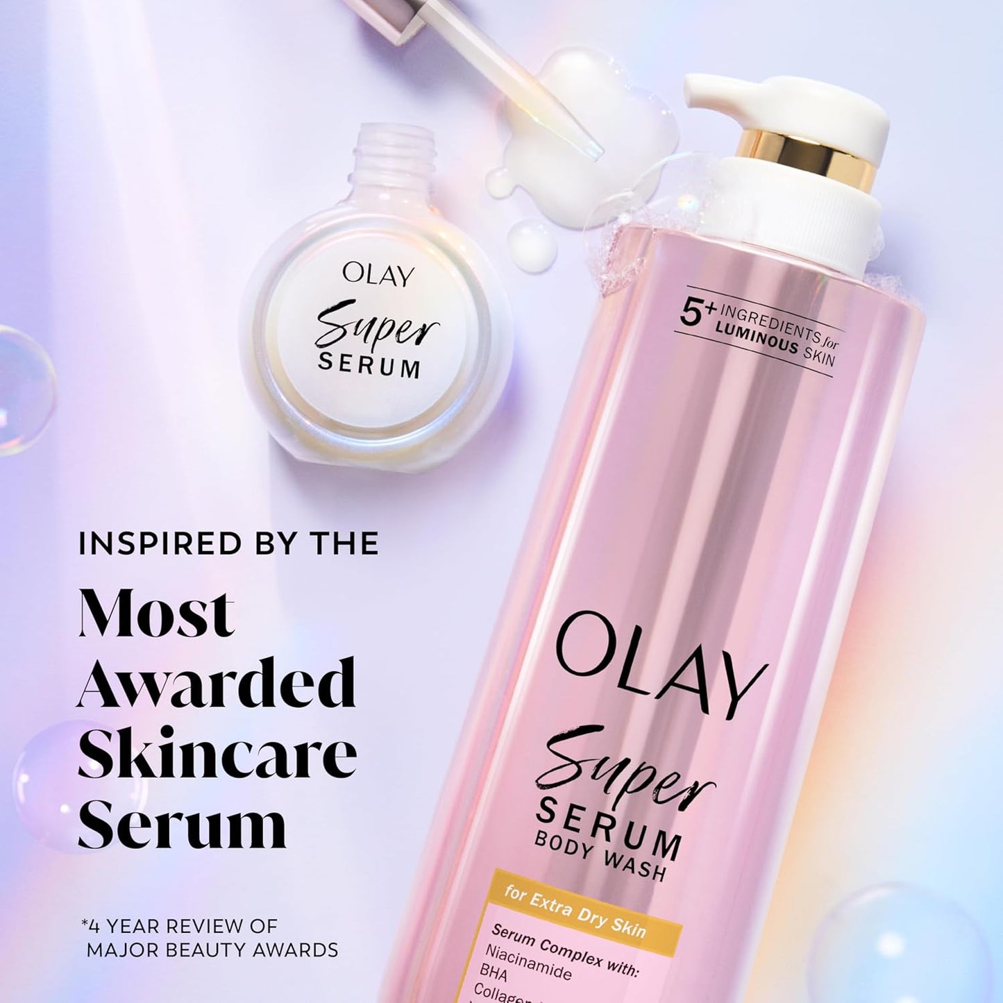Olay Super Serum Body Wash for Extra Dry Skin, 24hr Long Lasting Hydration, 5+ Ingredient Serum Complex for Bright Even Firm Luminous Skin, 18.5 fl oz