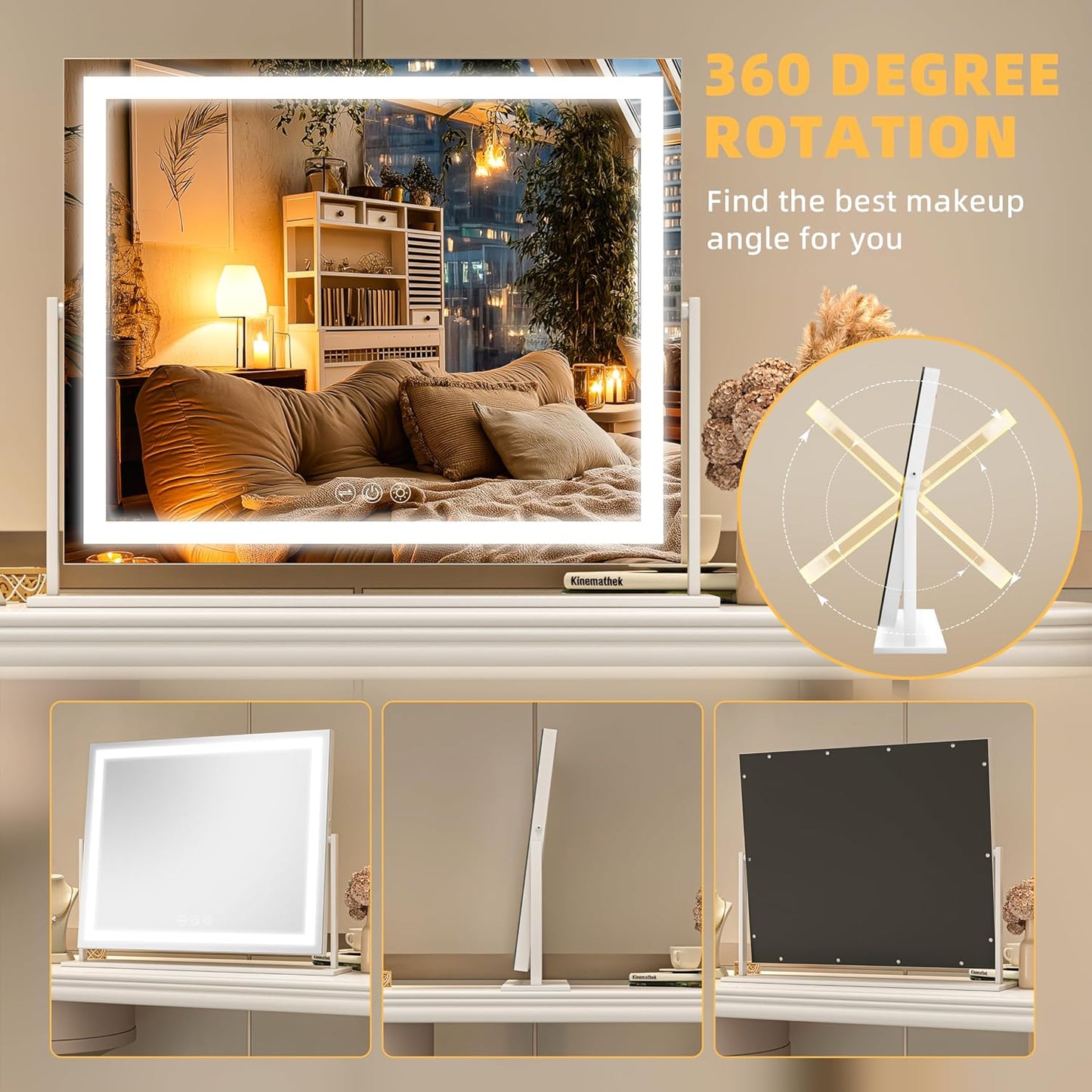 Vanity Mirror with Lights, 24'' x 20'' Lighted Makeup Mirror, Touch Screen with 3-Color Lighting, Dimmable for Vanity Desk Tabletop Square White