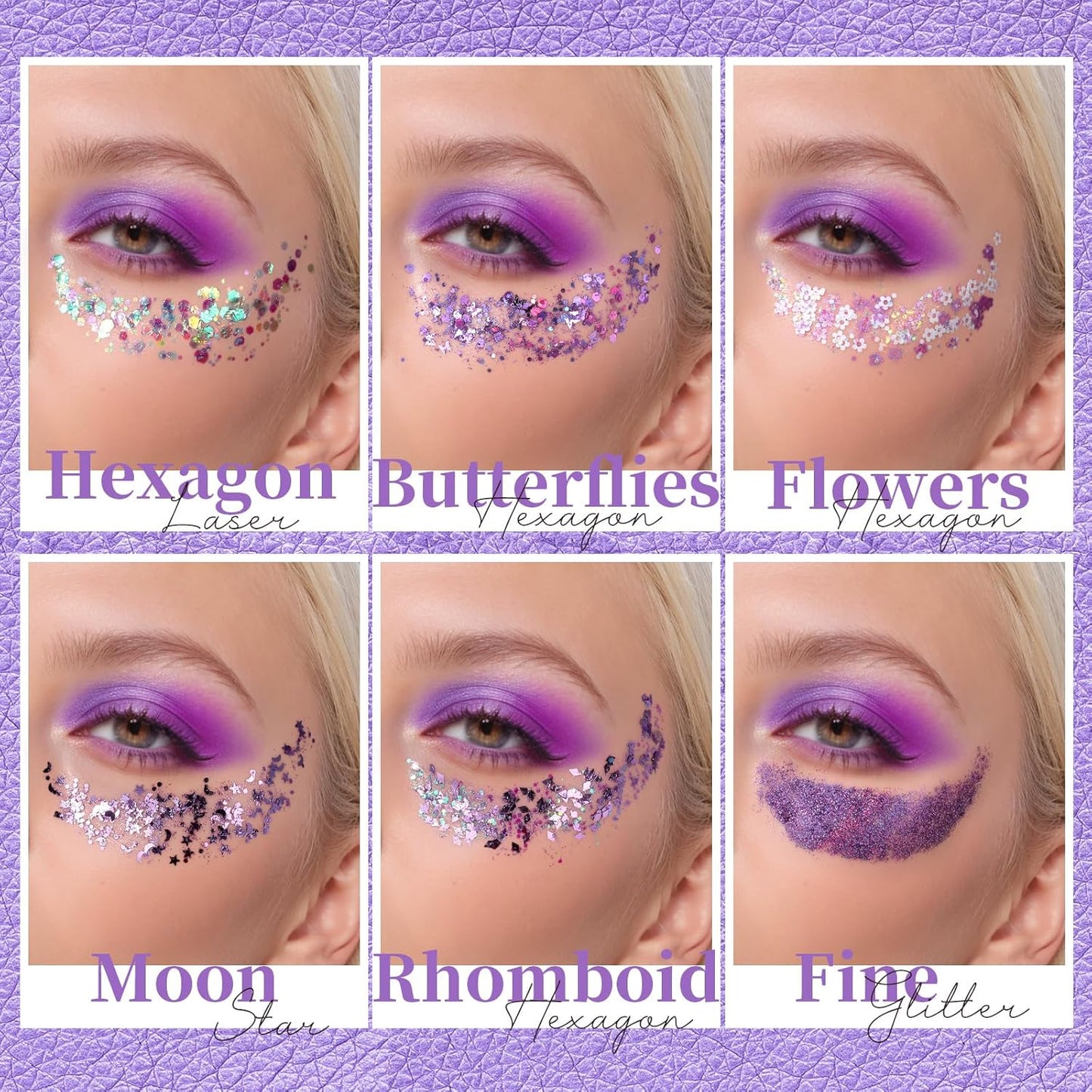 Teenitor Body Glitter Gel - Purple Face & Body Glitter Set, 6 Shapes, Hair Glitter Gel, Makeup Glitters for Face, Body, Hair