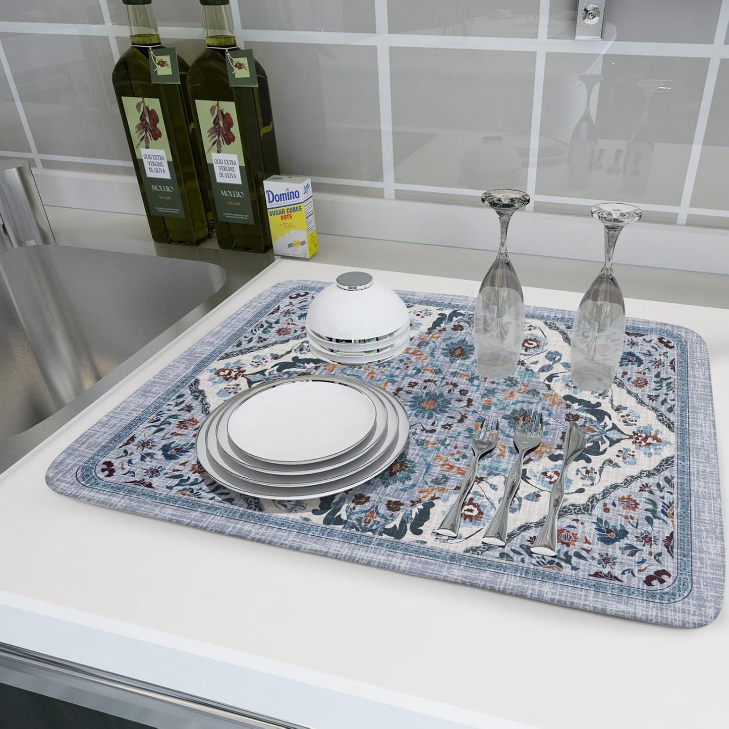 Boho Flower Dish Drying Mat Blue Bohemian Dishes Drainer Rack Mat 18x24 Inch Microfiber Kitchen Drying Pad for Countertop Tableware Decor