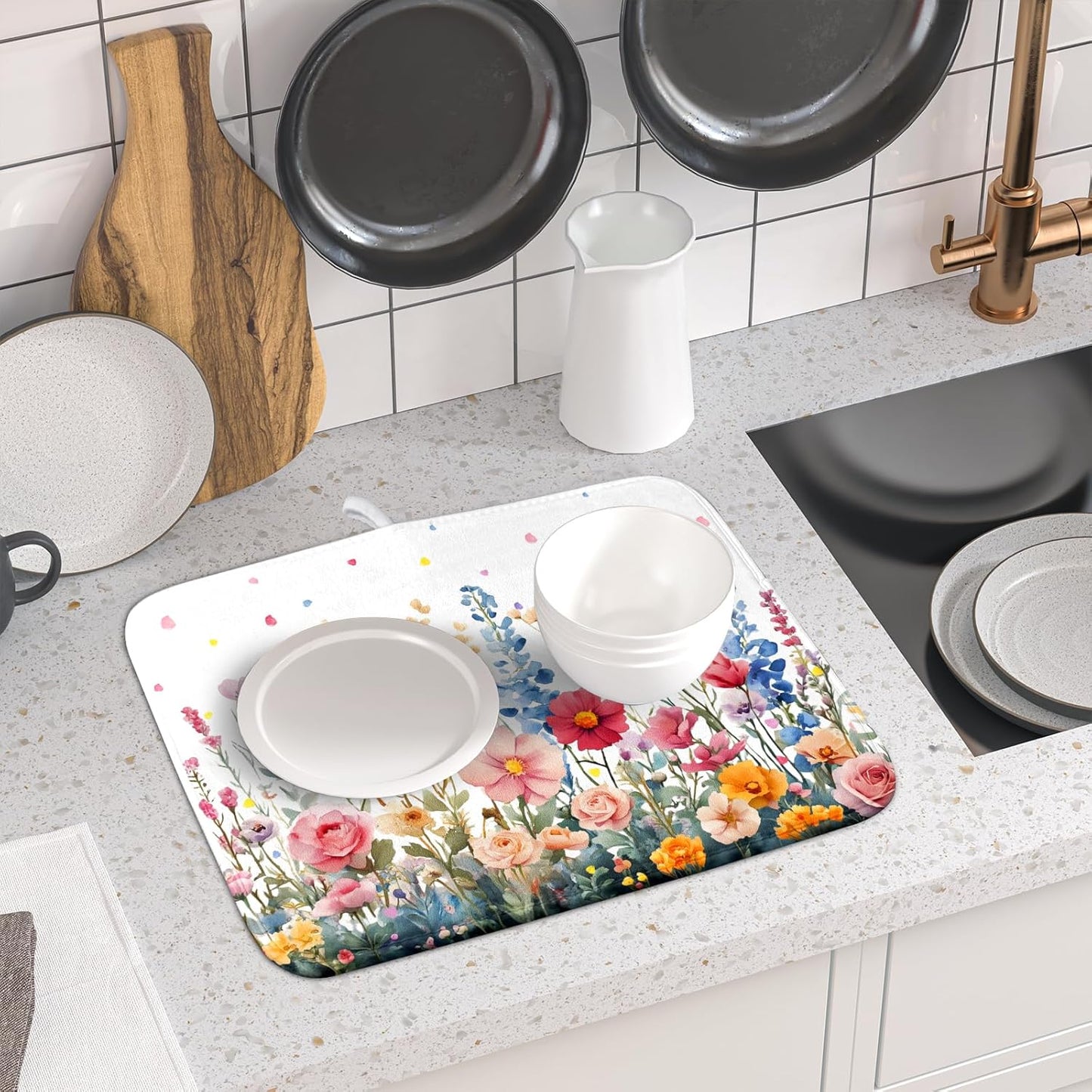 Colorful Flower Dish Drying Mat 16x18 Inch Botanical Floral Drainer Rack Mats Washable Absorbent Dish Dry Pad for Kitchen Counter Sink