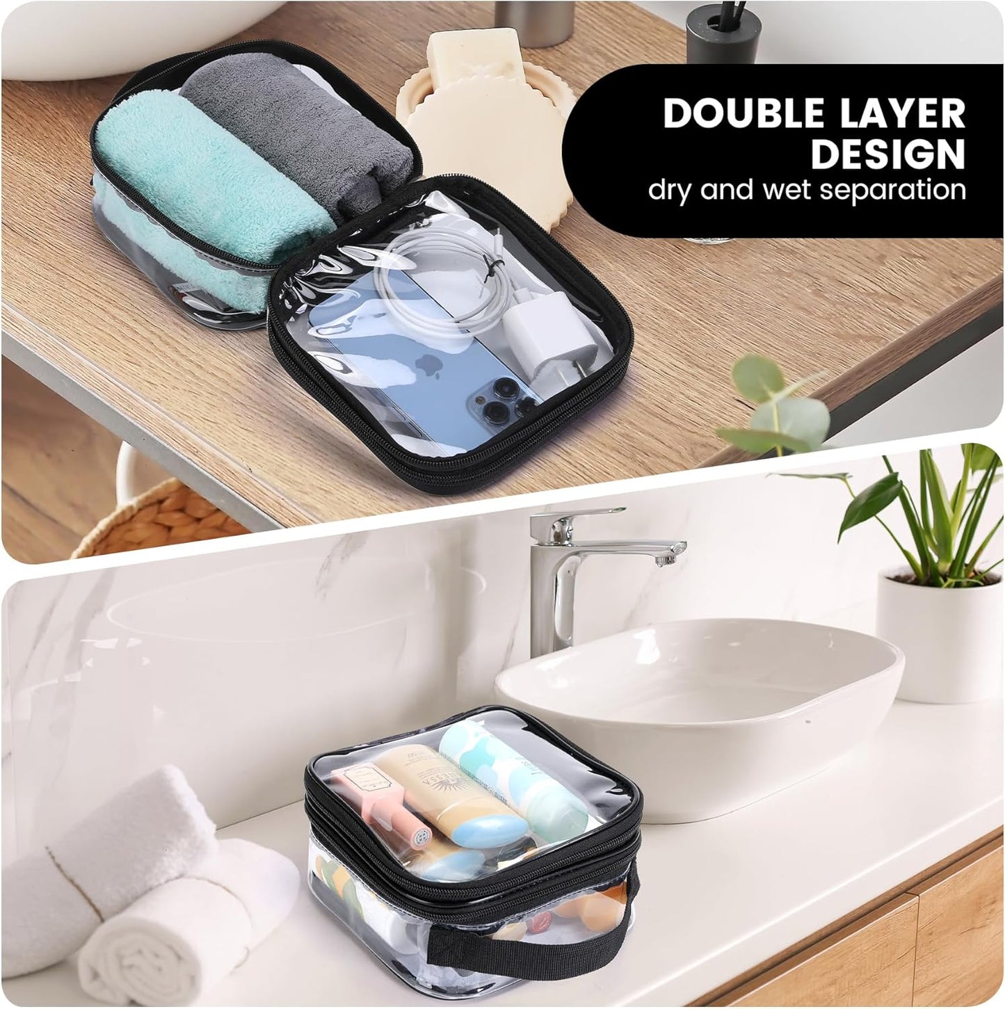 Clear pouches for travel toiletries vinyl TSA airport approved proof makeup bag reusable organizer (black)