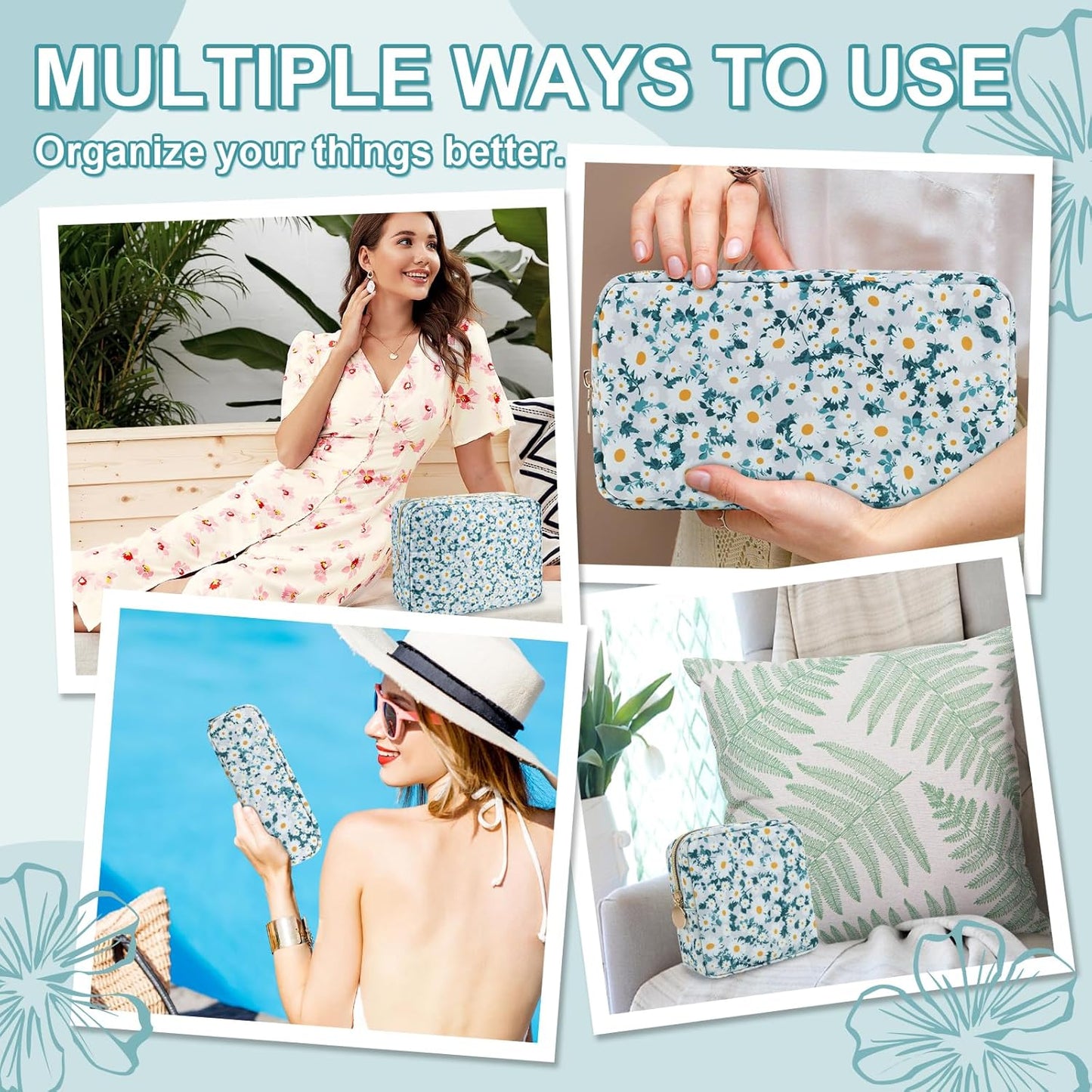 Waterproof Large Floral Makeup Pouch,Nylon Travel Toiletry Storage Purse Preppy Cosmetic Bag for Women Girl,Large Capacity Makeup Organizer Zipper Pouch for Work(L Green-Daisy)