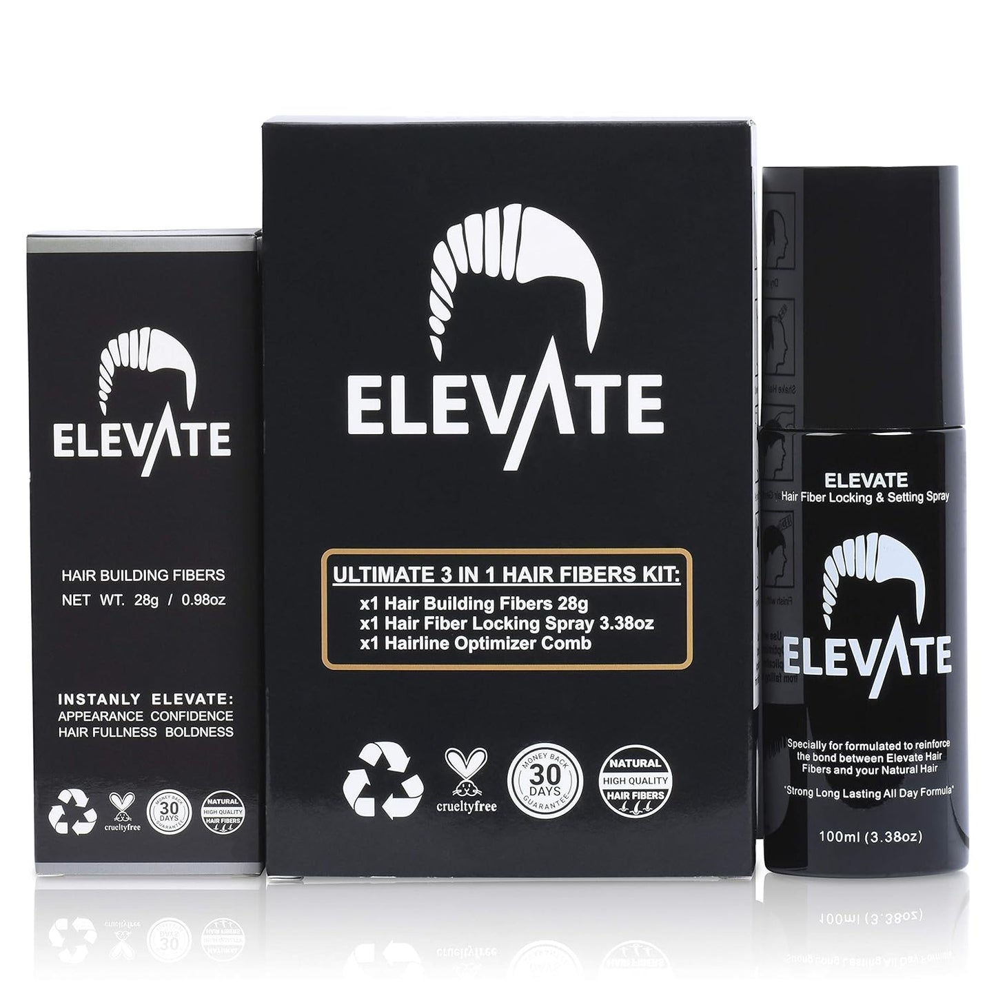 Elevate Hair Building Fibers 3-in-1 Kit for Thinning Hair (Dark Brown) Keratin Hair Thickening Powder with Fiber Lock Spray & Hairline Optimizer Comb - Instant Concealer Applicator for Men & Women