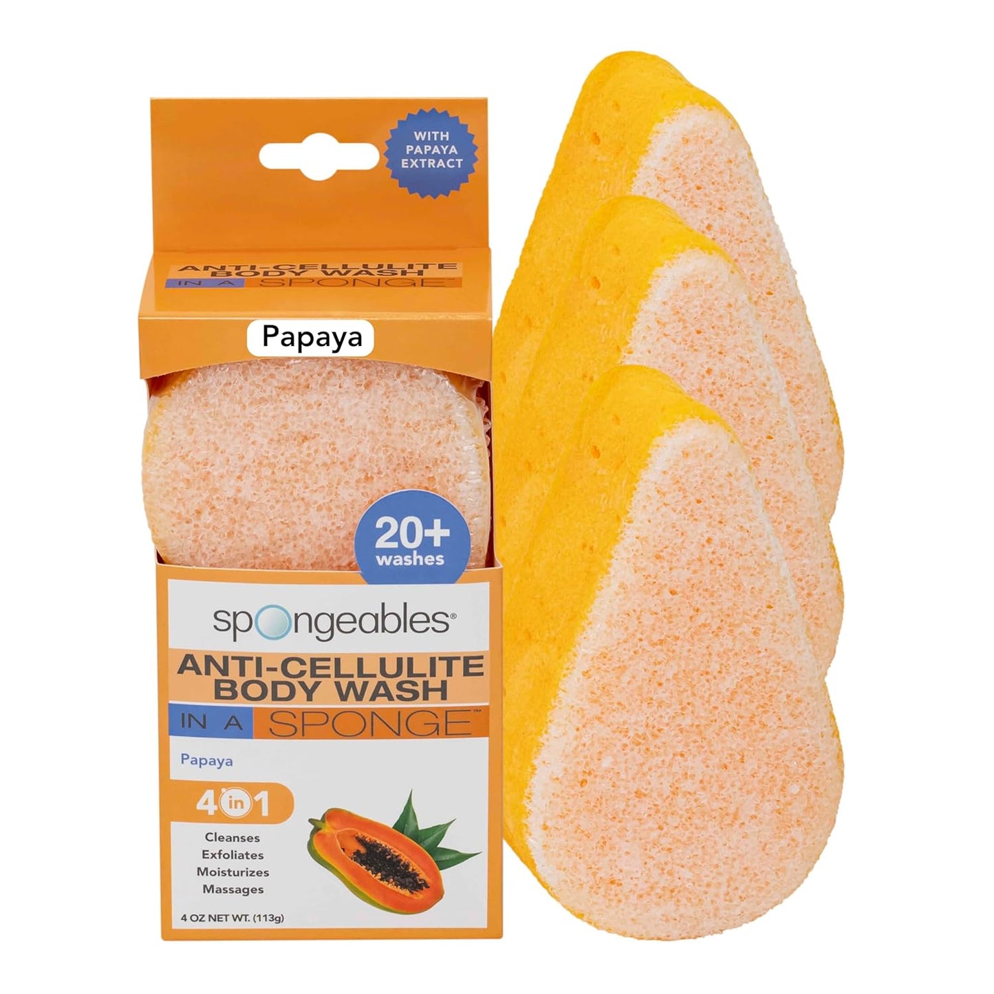 Spongeables Anti Cellulite Body Wash in a 20+ Wash Sponge, Papaya, 3 Count