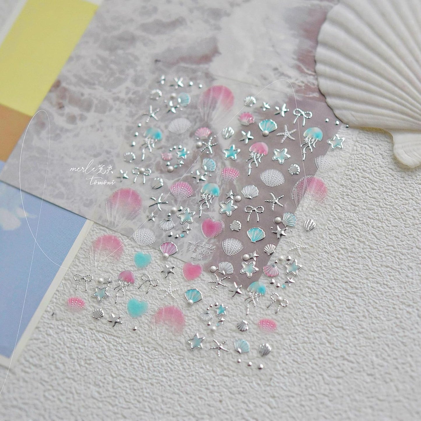 1 Sheets Summer Nail Stickers for Nails Art 5D Embossed Self-Adhesive Shell Starfish Nail Art Stickers Decals Silver Ocean Star Jellyfish Design Beach Nail Supplies for Women Manicure Accessories