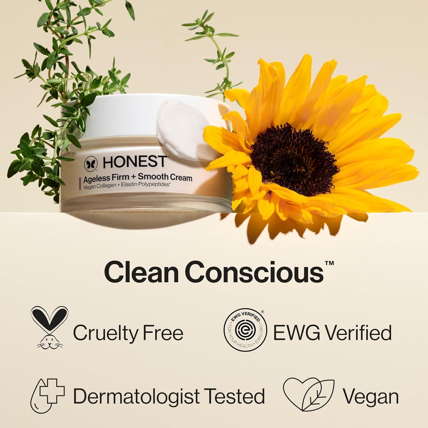Honest Beauty Ageless Firm and Smooth Cream | Powered by Vegan Collagen and Elastin Polypeptides | Firmer, Smoother Looking Skin | Fragrance Free, EWG Verified, Vegan, Cruelty-Free | 1.7 fl oz