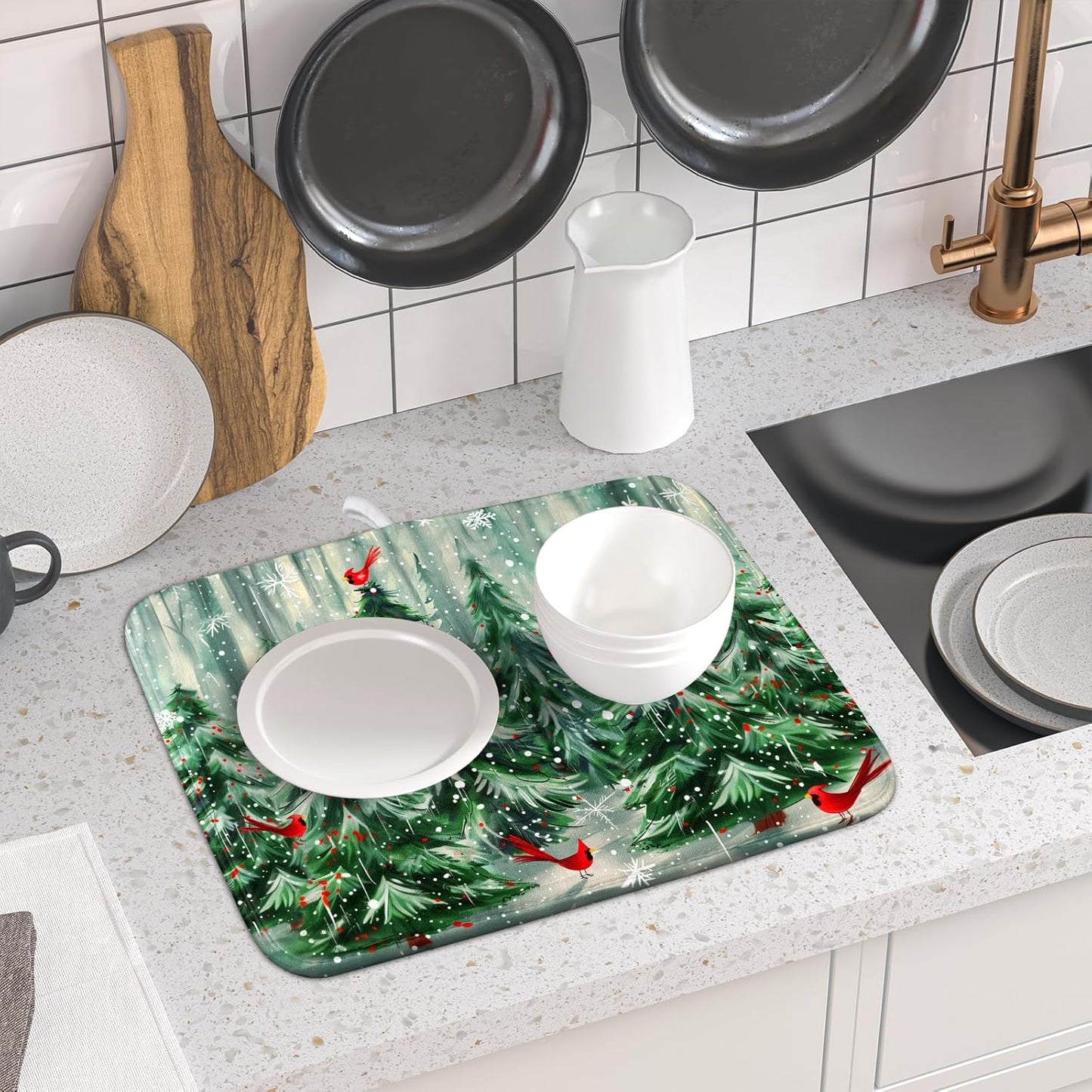 Winter Pine Tree Dish Drying Mat Red Bird Berry Dishes Drainer Mats Absorbent Microfiber Kitchen Counter Protector Drying Mats 16x18 Inch