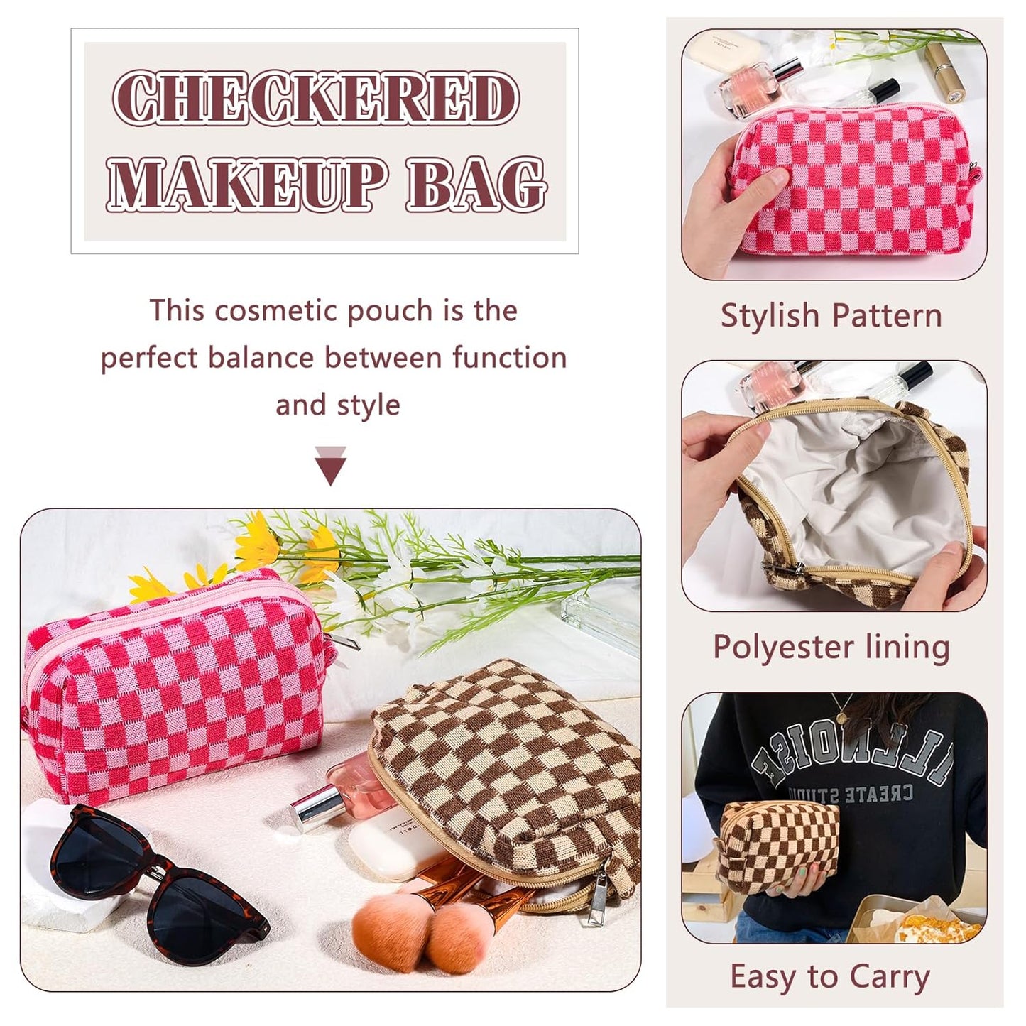 ZLFSRQ 2Pcs Checkered Pencil Case Cute Pencil Pouch for Teens Checkered Makeup Bag Medium Travel Cosmetic Bag Preppy Makeup Pouch for Purse Aesthetic Zipper Toiletry Bags Organizer(Pink/Brown)