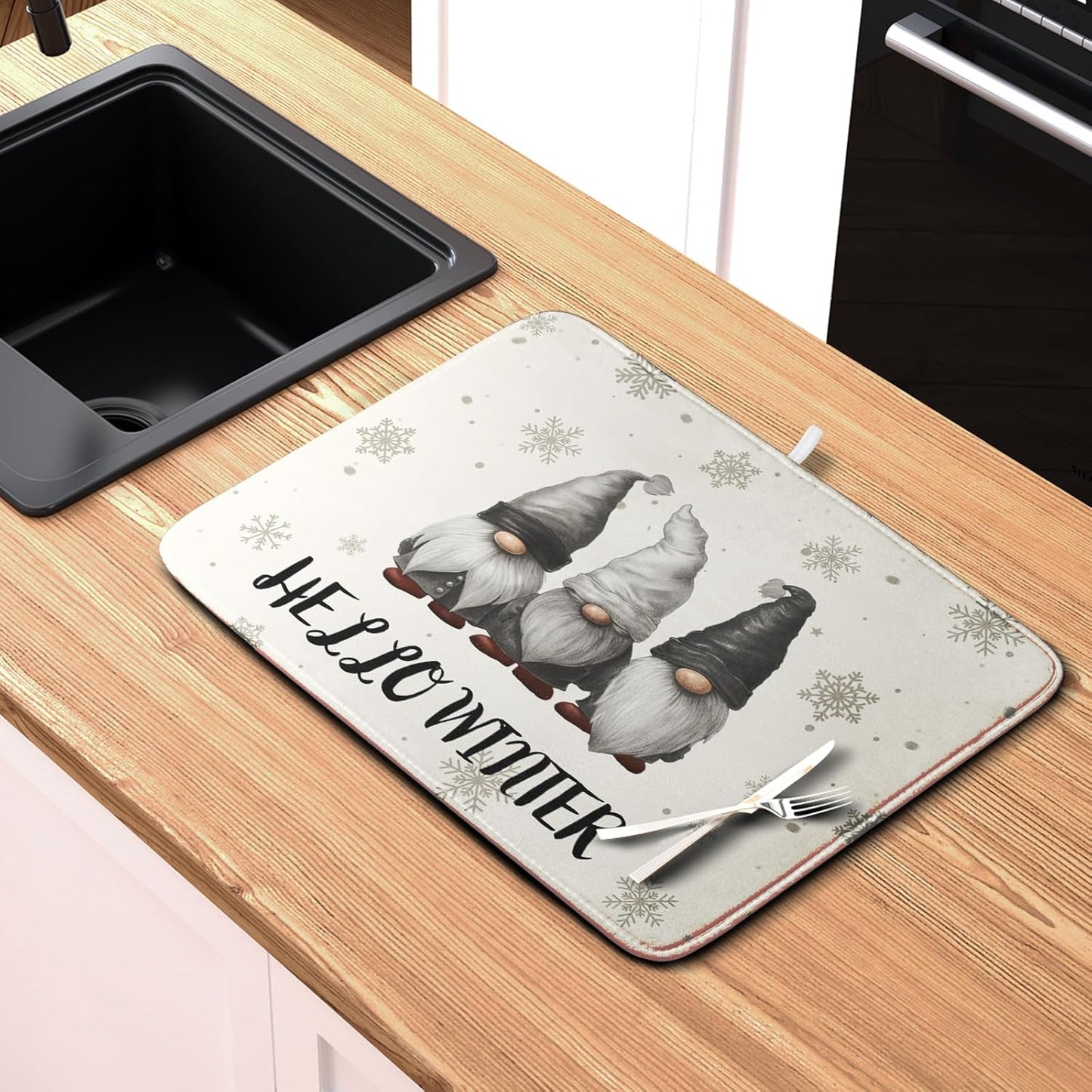 Winter Gnome Dish Drying Mat for Kitchen Counter 16x18 Christmas Snowflakes Santa Kitchen Drying Mat Hello Winter Dish Drainer Mat Super Absorbent Dish Rack Mat for Coffee Bar Countertop