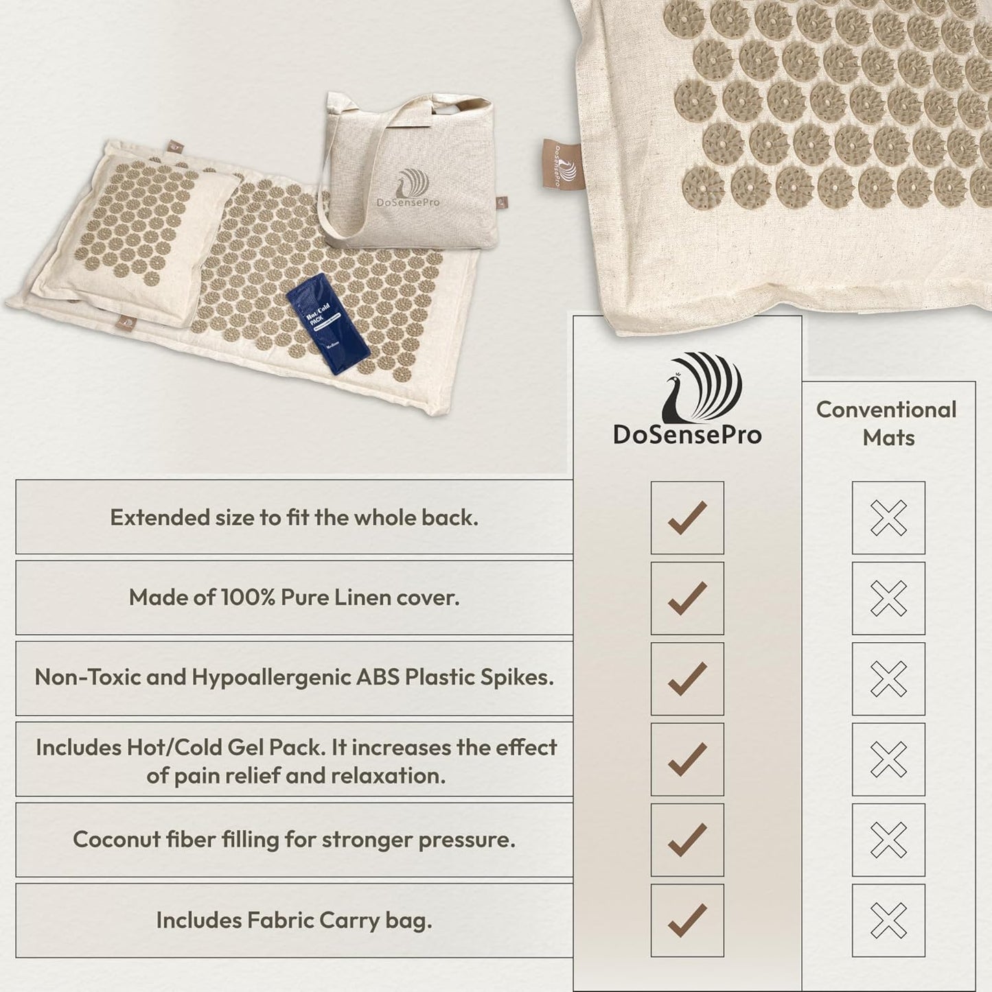 Acupressure Mat & Pillow Set with Hot/Cold Gel Pack for Back and Neck Pain Relief, Sciatica and Pressure Point Aches - Ideal Acupuncture Mat for Sleeping Aid & Workout Recovery (Natural Linen)