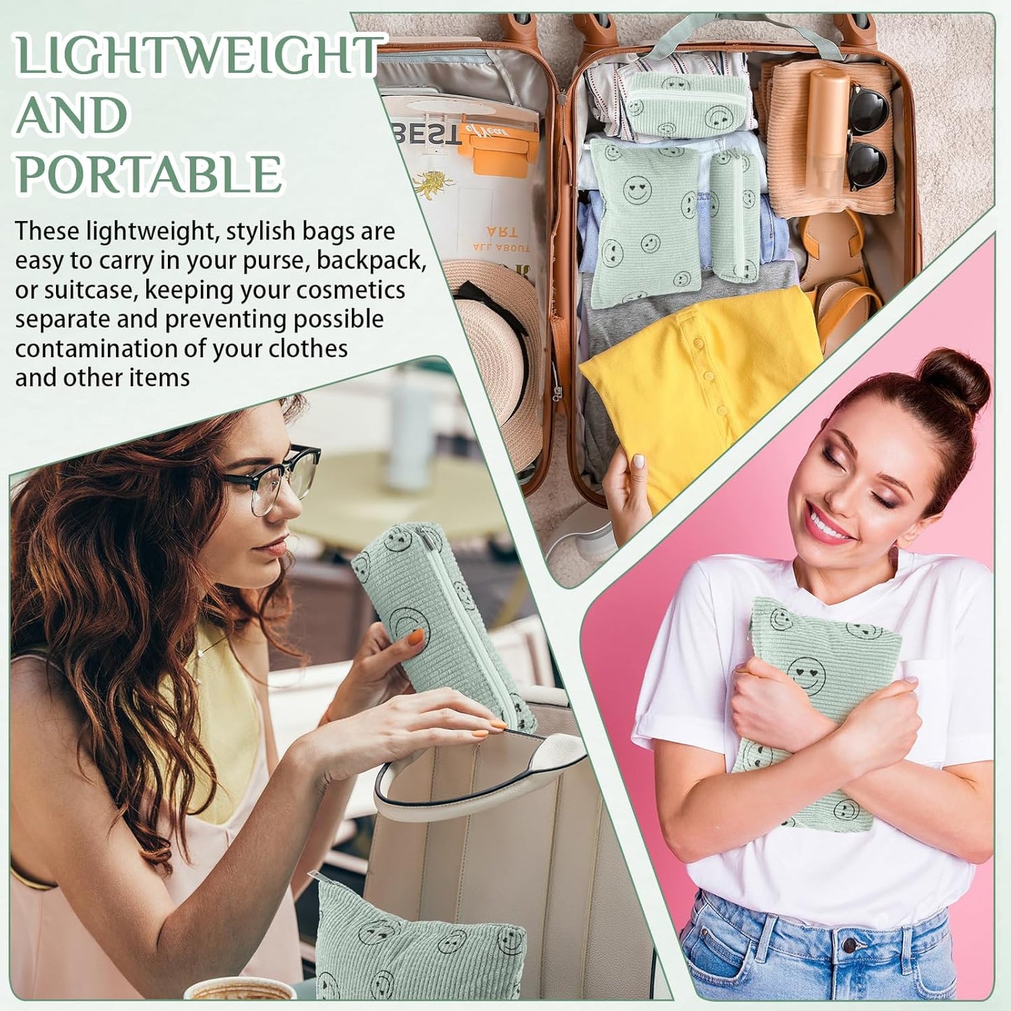 3 Pcs Makeup Bag Set for Women Corduroy Cosmetic Pouch Aesthetic Smile Travel Toiletry Bag Cute Purse Pouch Pencil Case Makeup Brushes Storage Organizer for Christmas(Green,Smile Face)