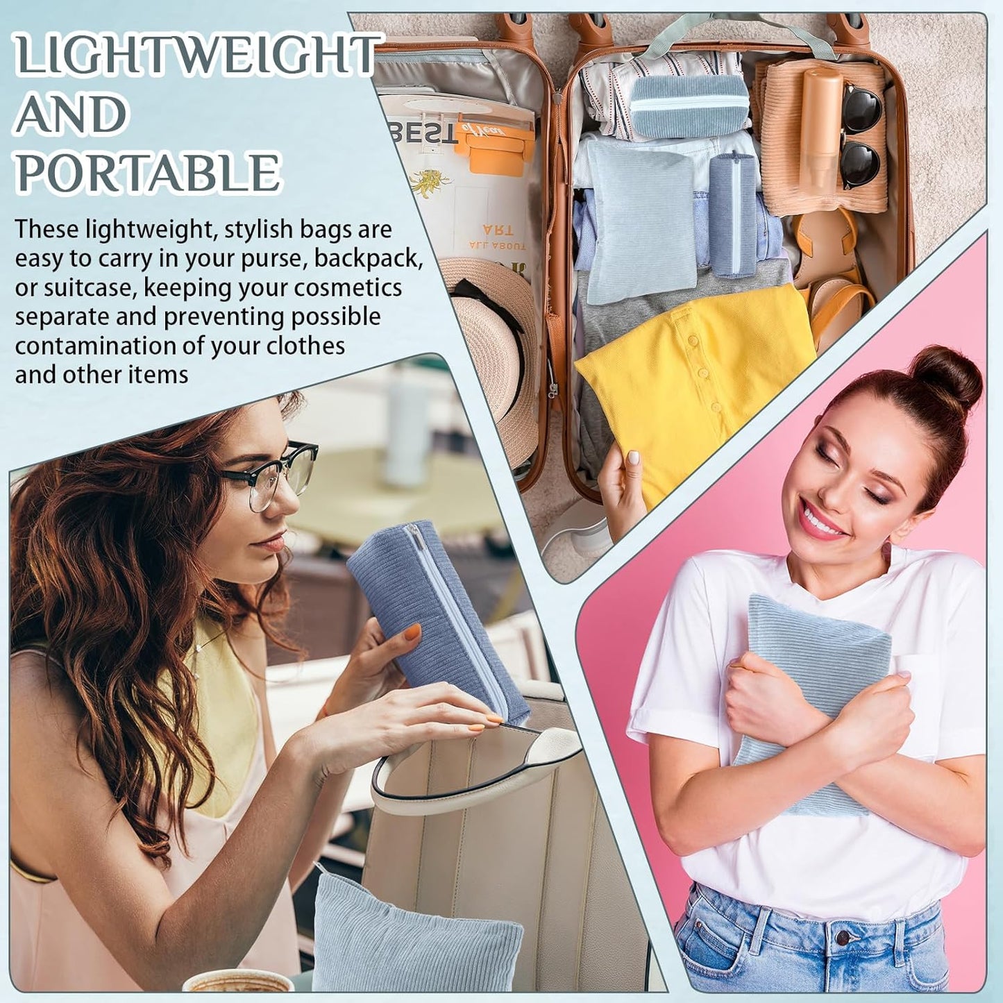 3 Pcs Makeup Bag Set for Women Corduroy Cosmetic Pouch Aesthetic Smile Travel Toiletry Bag Cute Purse Pouch Pencil Case Makeup Brushes Storage Organizer for Christmas(Blue,Gradient)