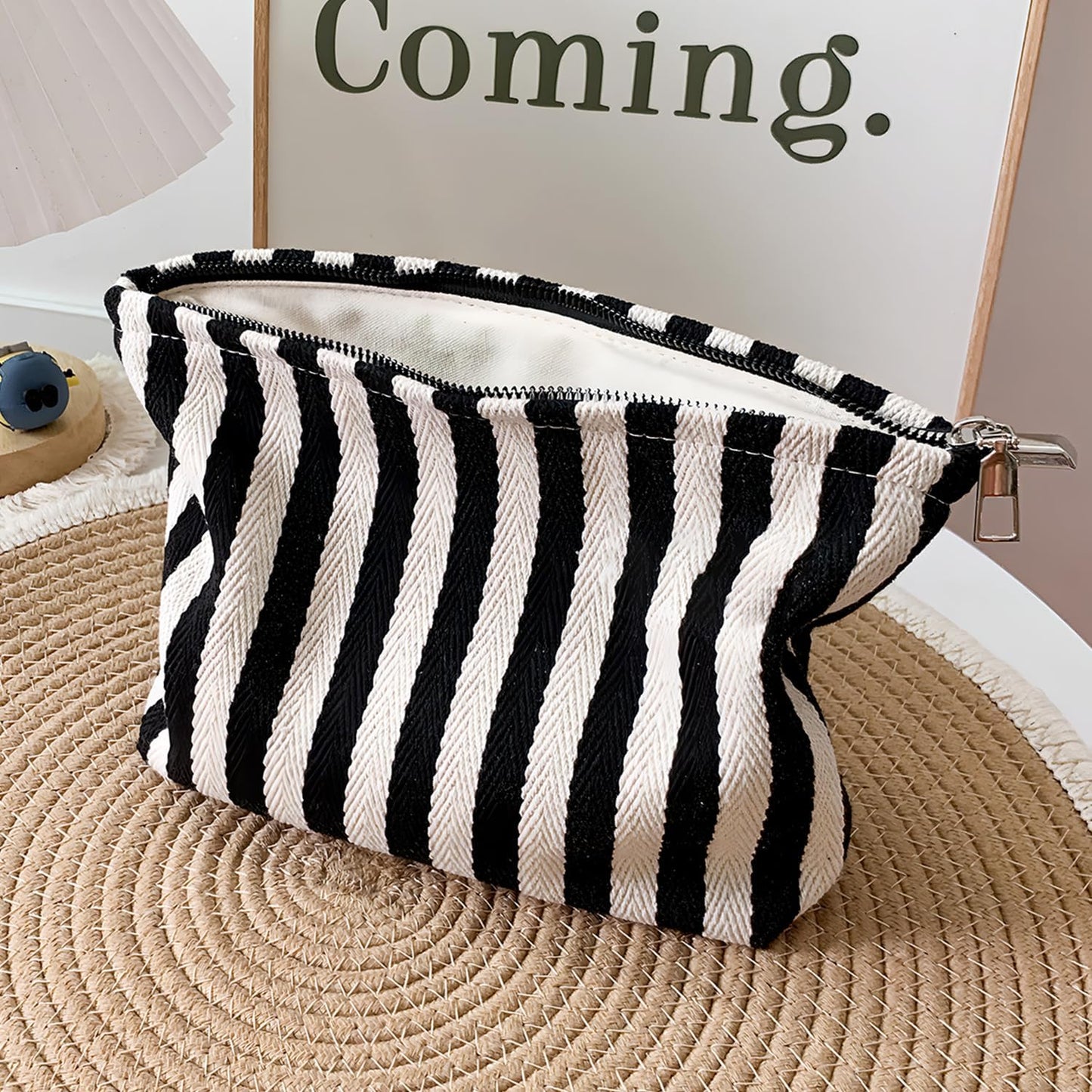 Makeup Bag for Women, Striped Makeup Bag, Travel Makeup Pouch for Purse, Canvas Cosmetic Bag with Zipper lining , Small Travel Pouch for Toiletry, Sunscreen, Sunblock, Hygiene, Skincare, Medicine