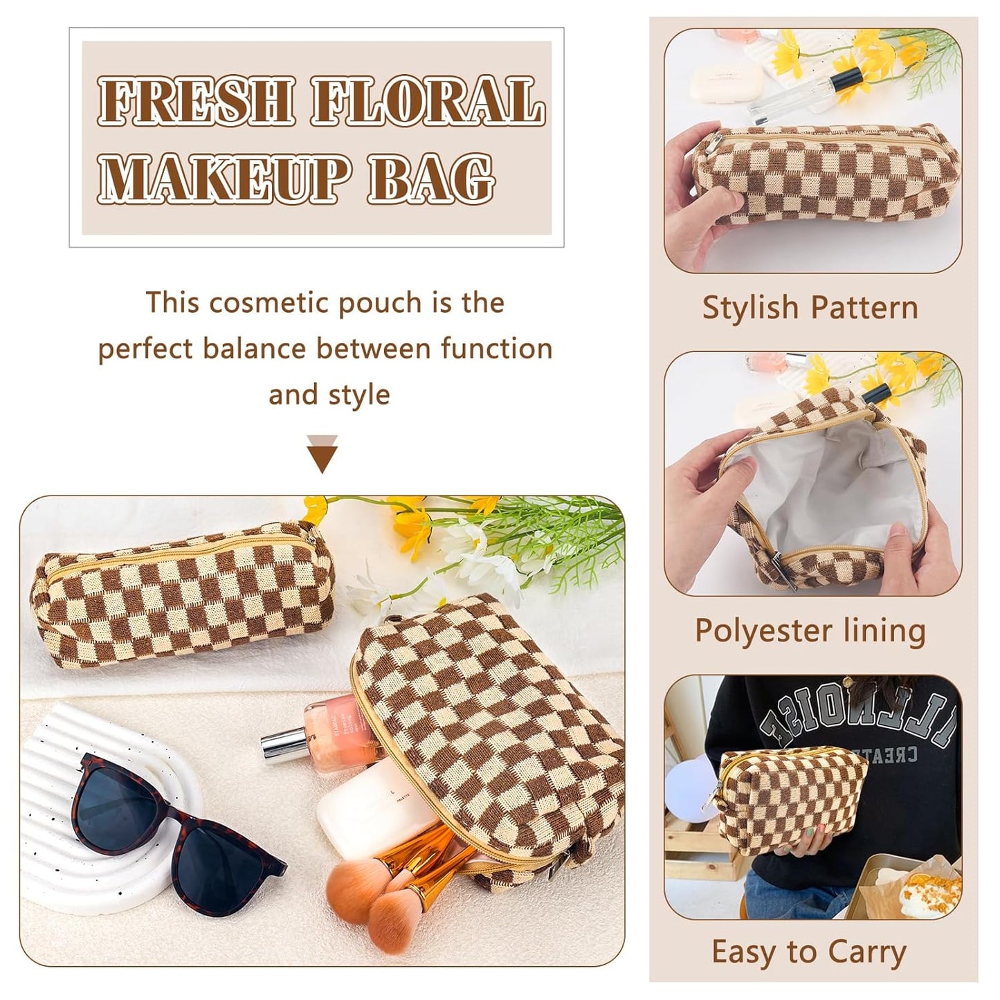 2Pcs Checkered Pencil Case Cute Pencil Pouch for Teens Checkered Makeup Bag Travel Cosmetic Bag Set Cute Makeup Pouch for Purse Portable Zippered Skincare Bags Preppy Toiletry Bags Organizer(Brown)