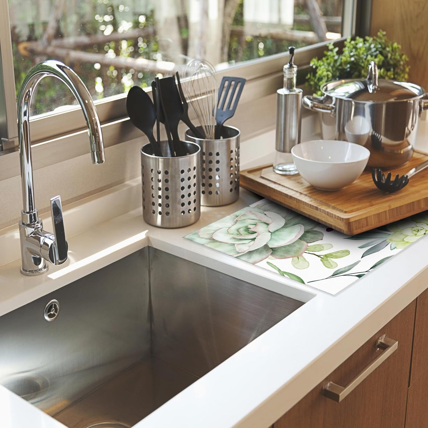 Succulent Flower Dish Drying Mat,Watercolor Plant Drying Rack Pad Countertop Dishes Ultra Absorbent Microfiber Kitchen Counter Mat for Coffee Countertop Decor 18x24 Inch