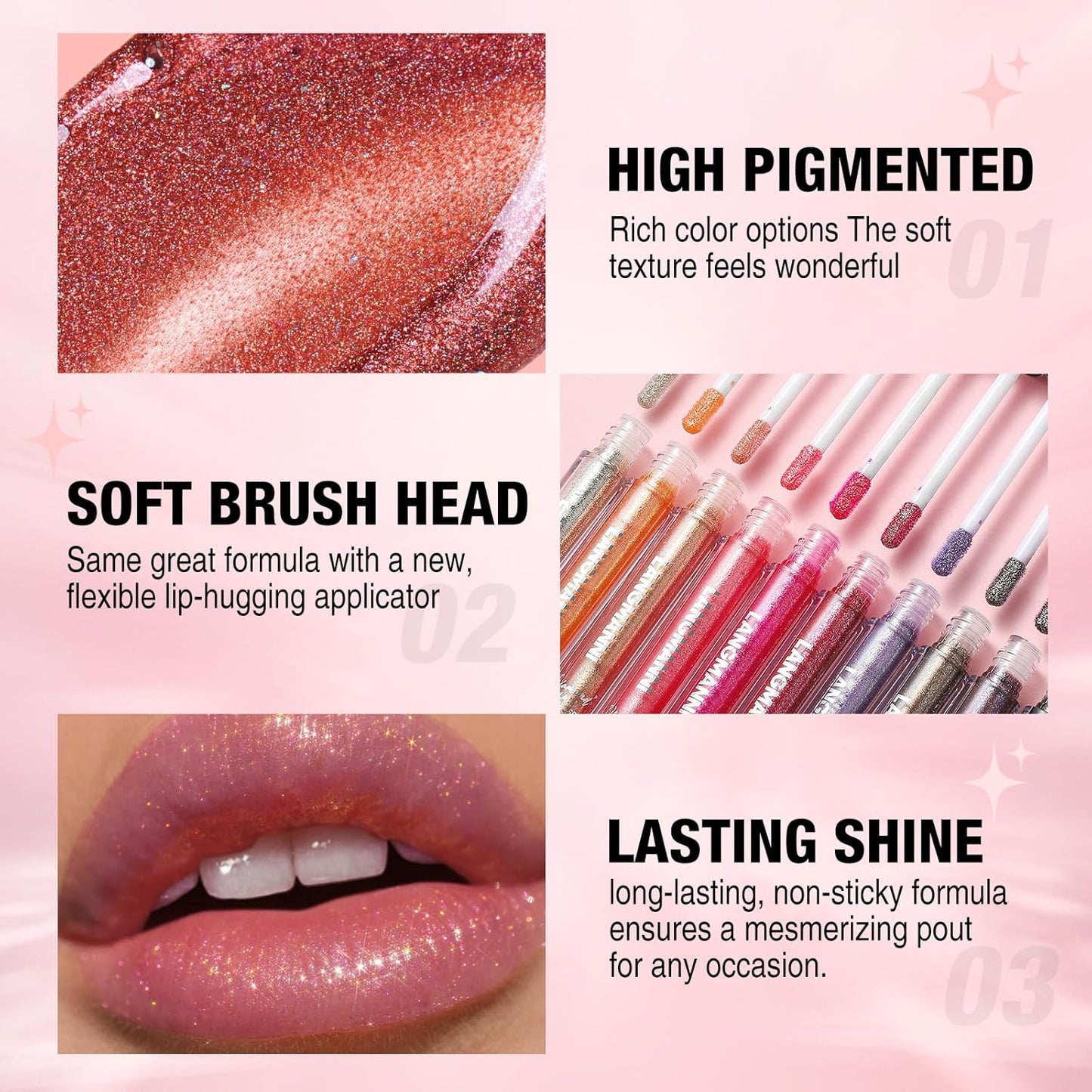 LANGMANNI 2 Colors Diamond Glitter Lip Gloss Set,Long Lasting High Shine Shimmer Liquid Lipstick Set,Hydrating,Moisturizing Lip Gloss Kit Gift Makeup For Girls(#05+06)