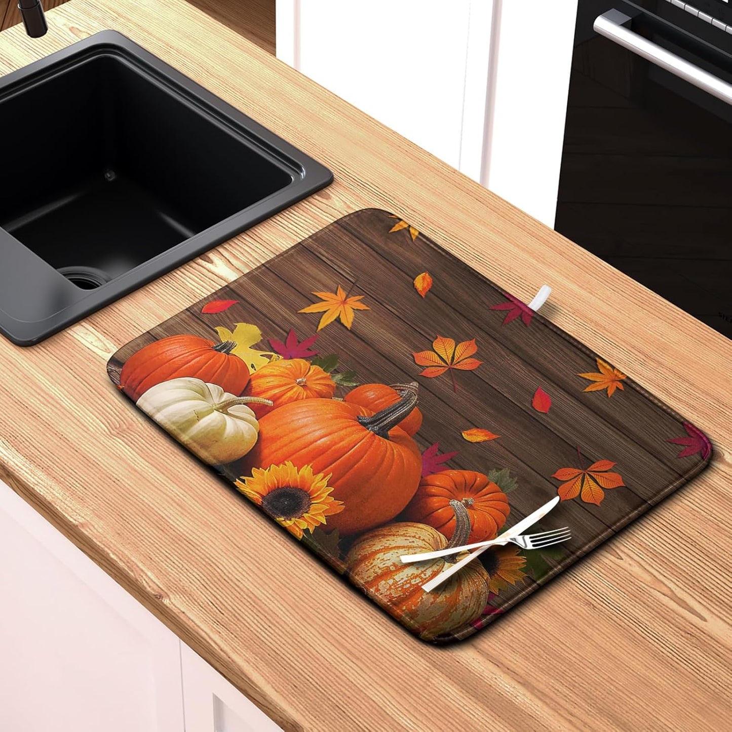 AutumnThanksgiving Pumpkin Dish Drying Mat for Kitchen Counter 18x24 Inch Fall Sunflowers Maple Leaves Harvest Kitchen Drying Mat Microfiber Super Absorbent Dish Rack Drainer Mat with Hanging Loop