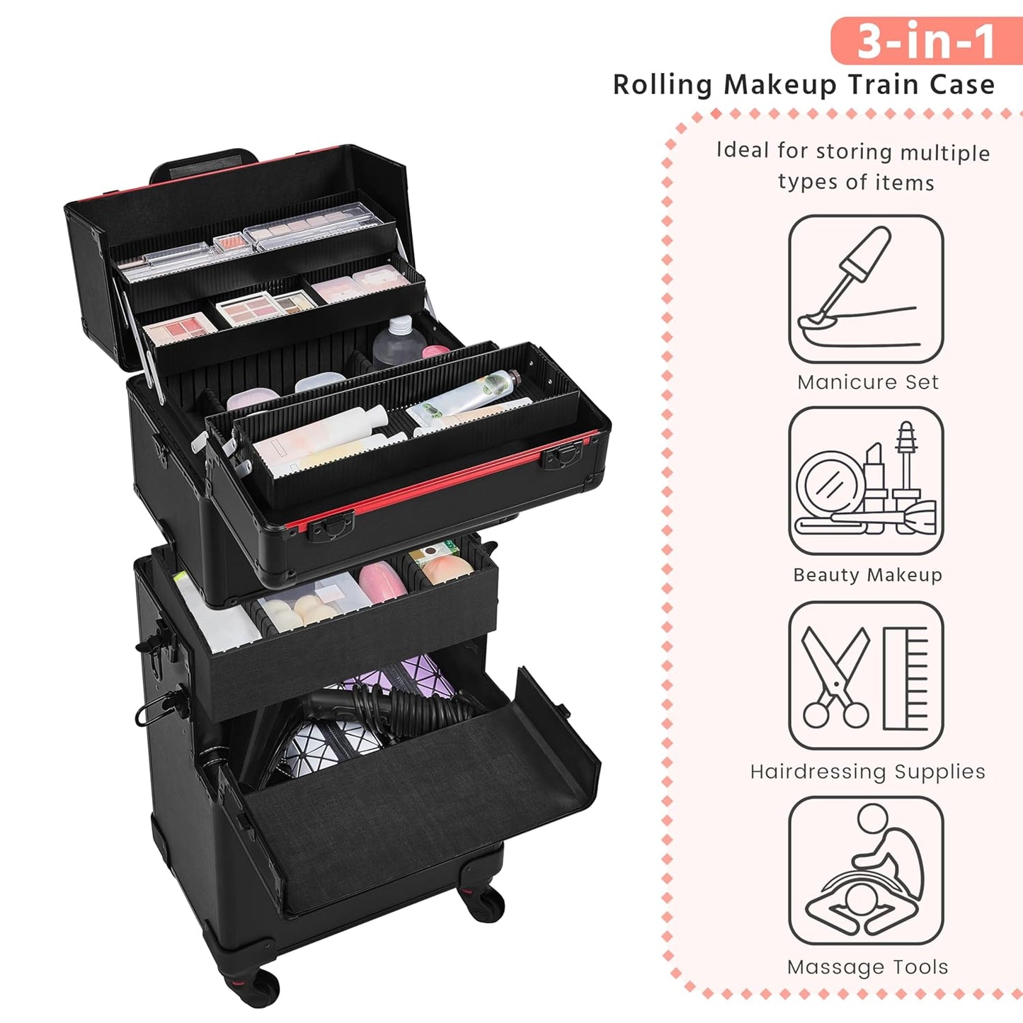 Yaheetech Makeup Train Case 3 in 1 Professional Cosmetic Trolley Multi-Functional Organizers Large Storage Traveling Cart Trunk for Nail Tech - Black