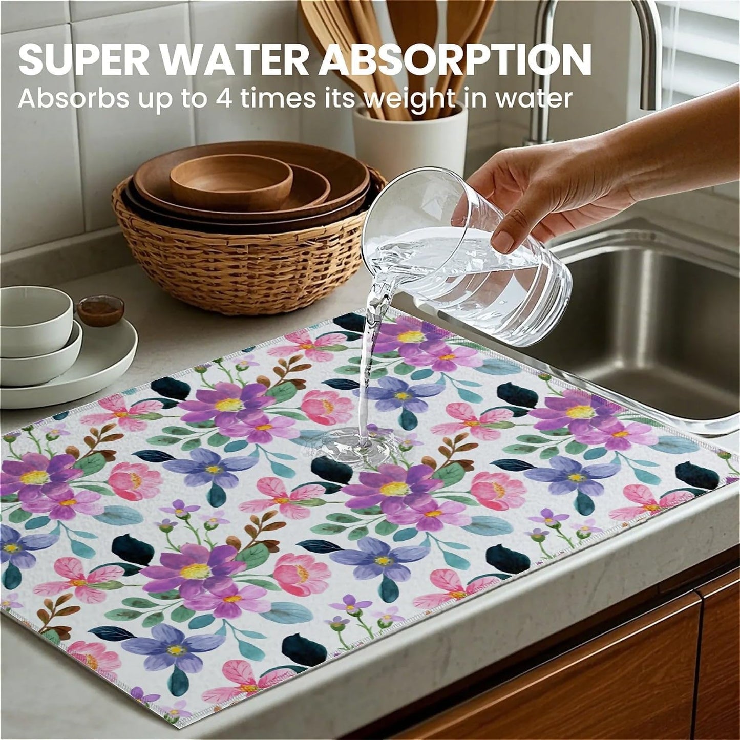 Dish Drying Mat For Kitchen Counter, Colorful Summer Pansy Flowers Microfiber Absorbent Dish Drainer Rack Pad Reusable Large 18x24in Drying Mat