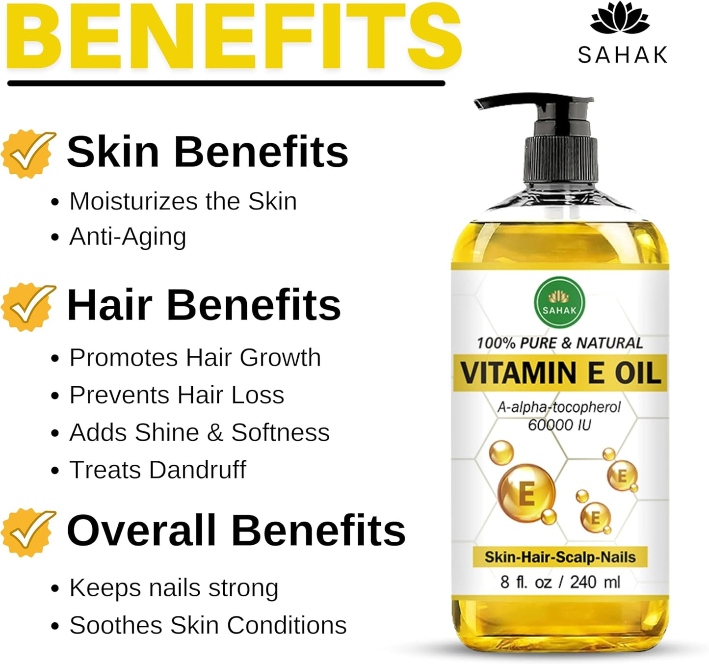 Vitamin E Oil 60,000 IU – Organic & Pure E-Oil Blend for Skin, Hair & Nails | Natural Body Oil with Vitamin E for Stretch Marks, Scars & Face Moisturizing – 100% Liquid Vitamin E Skin Care