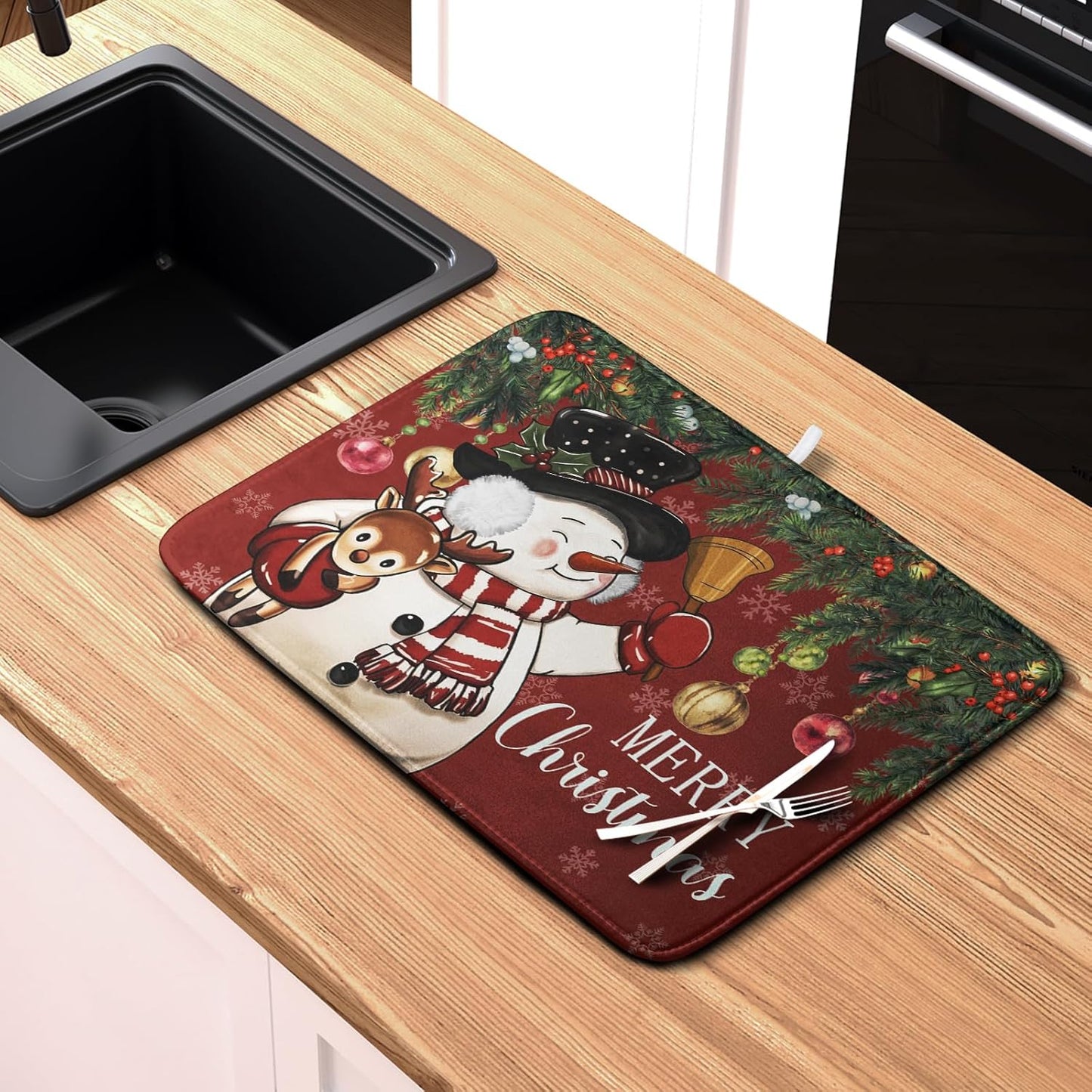 Christmas Dish Drying Mats for Kitchen Counter 18x24 Cute Snowman Red Dish Drying Pad for Dishes Winter Xmas Holiday Dish Draining Mat Absorbent Microfiber Dish Drainer Rack Mats