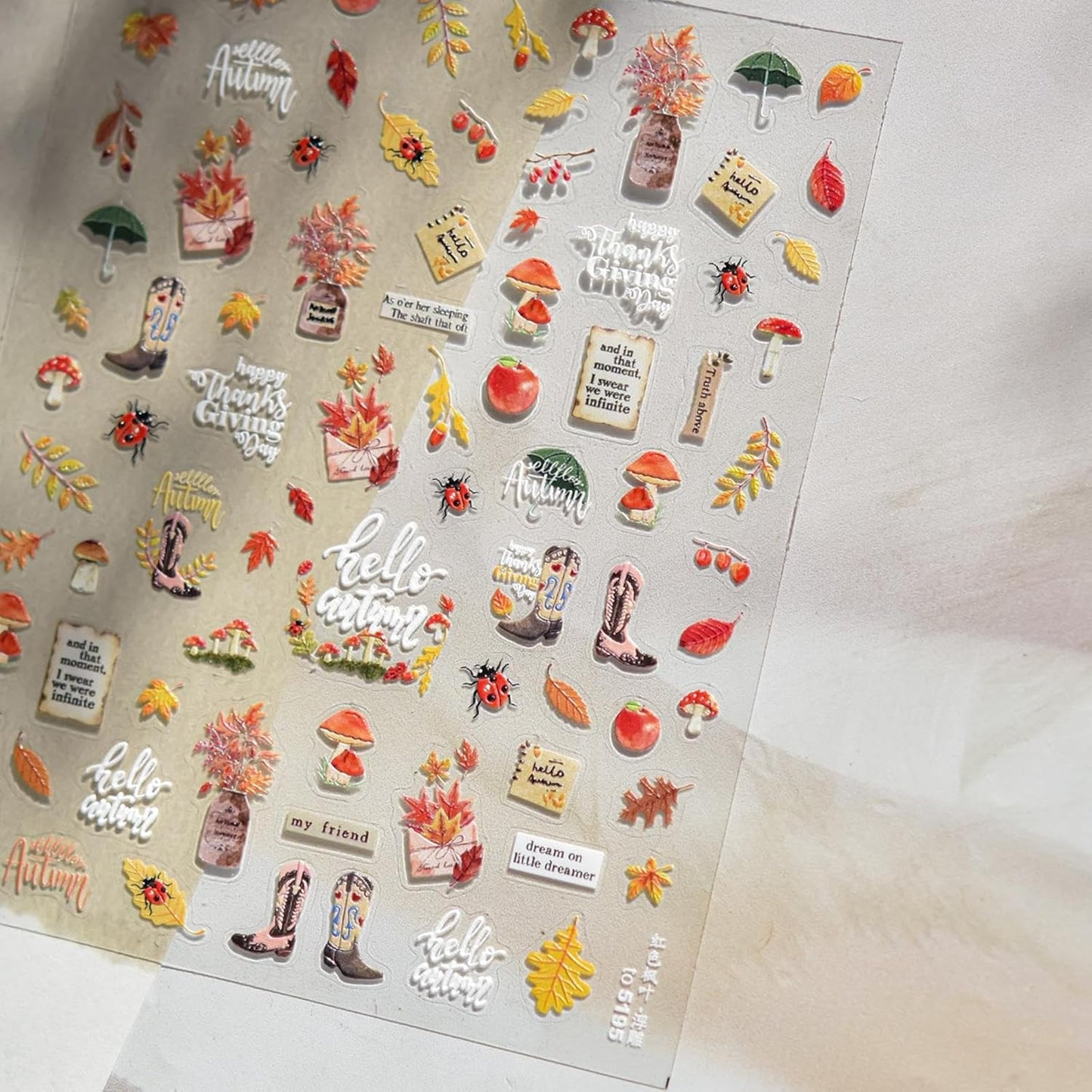 Maple Leaf Nail Stickers Mushroom Fall Nail Art Stickers 3D Self-Adhesive Boots Envelope Nail Designs 5D Embossed Plants Animals Thanksgiving Nails Supplies for Women Holiday DIY Manicure 1 Sheet