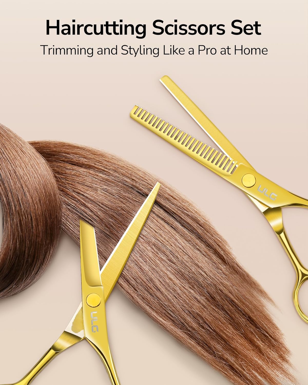 ULG Professional Hair Cutting Scissors Set – 6.5” Japanese Stainless Steel Barber Shears & Thinning Scissors with Comb, Clips & Case – At-Home Salon Haircut Kit Gold