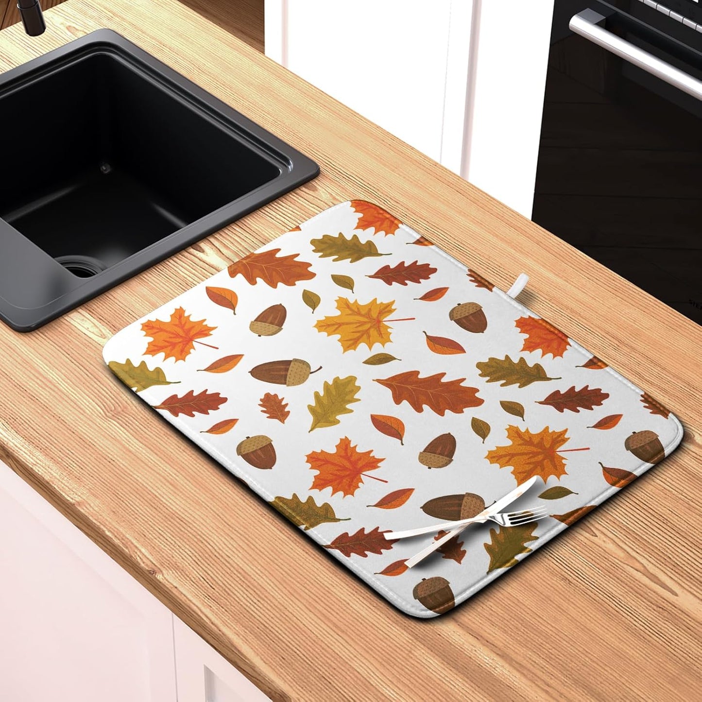 Fall Leaves Dish Drainer Mat - Absorbent Drying Mat for Counter - 18x24 Inch, Orange Maple Leaf Pattern