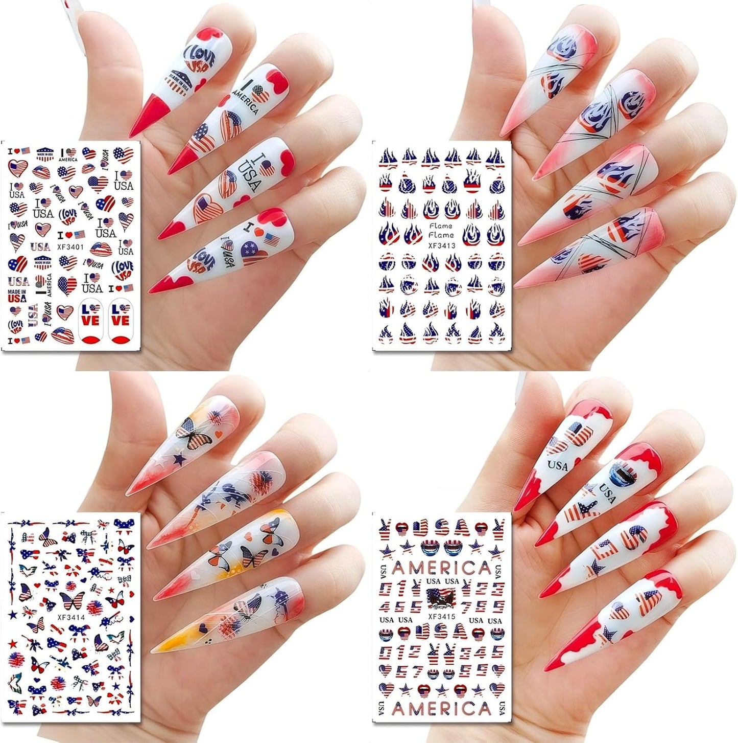 4th of July Nails Stickers for Nail Art - 8 Sheets 3D Self Adhesive Independence Day Nail Art Stickers American Flag Stars Letters USA Nail Decals Fourth of July Design Sticker for Women