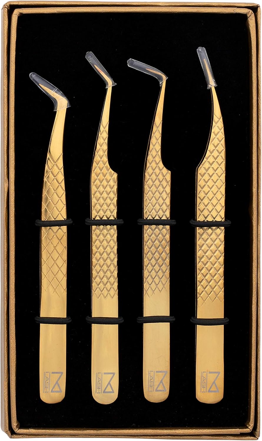 M LASH Eyelash Extension Tweezers (Set of 4) - Professional & Precision Lash Tweezers for Eyelash Extensions - Japanese Steel, Diamond Grip, Fiber Tip V3 (Gold)