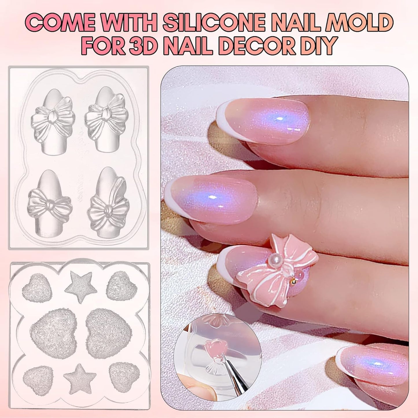 Makartt 3d Gel Nail Art Kit: Non-Stick-Hand Solid Gel Builder, All in One, Clear White Pink 4 Colors Base Top Coat UV LED Lamp File Dual Forms Picker Tool Cuticle Pusher Silicone Molds Sculpting Brush