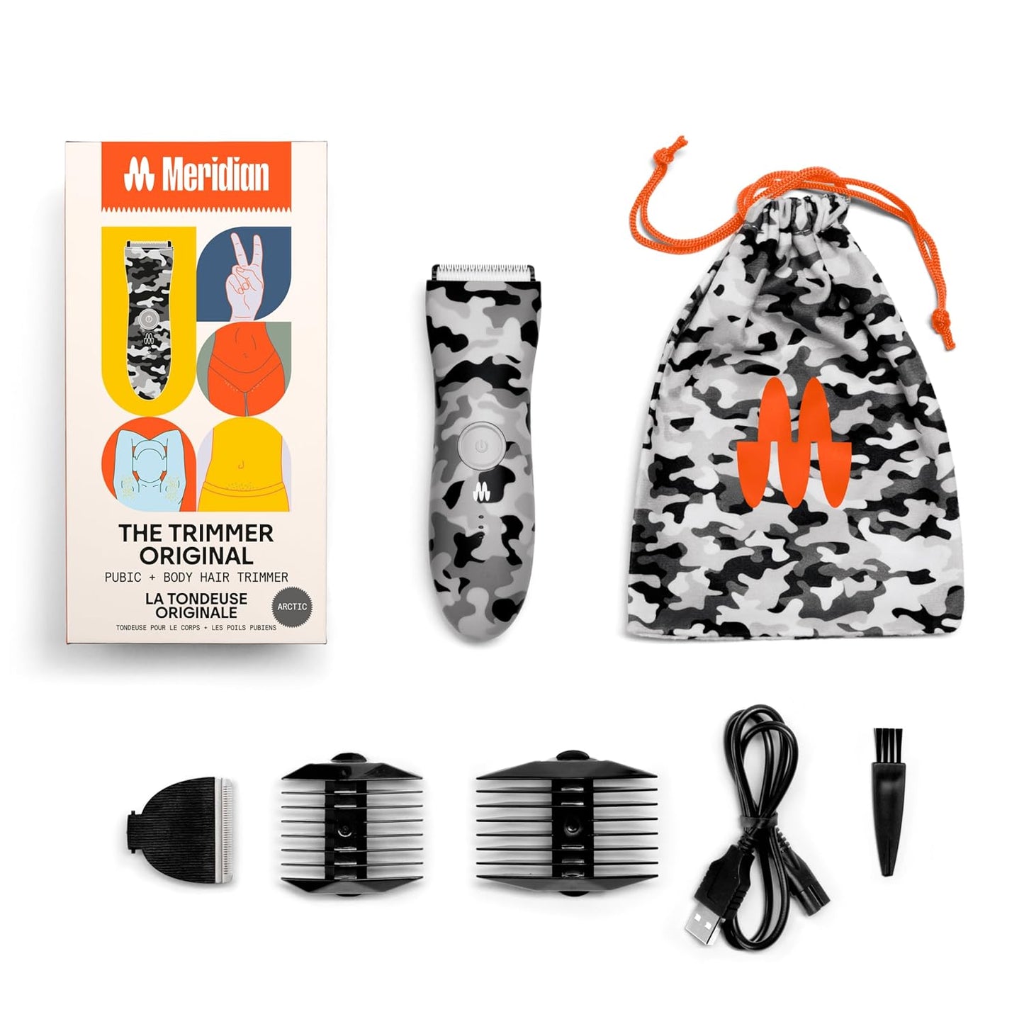 MERIDIAN The Trimmer Original - Body Hair Trimmer for Men, Electric Shaver for Pubic Hair, Chest, Legs & Bikini, Waterproof & Rechargeable, Arctic