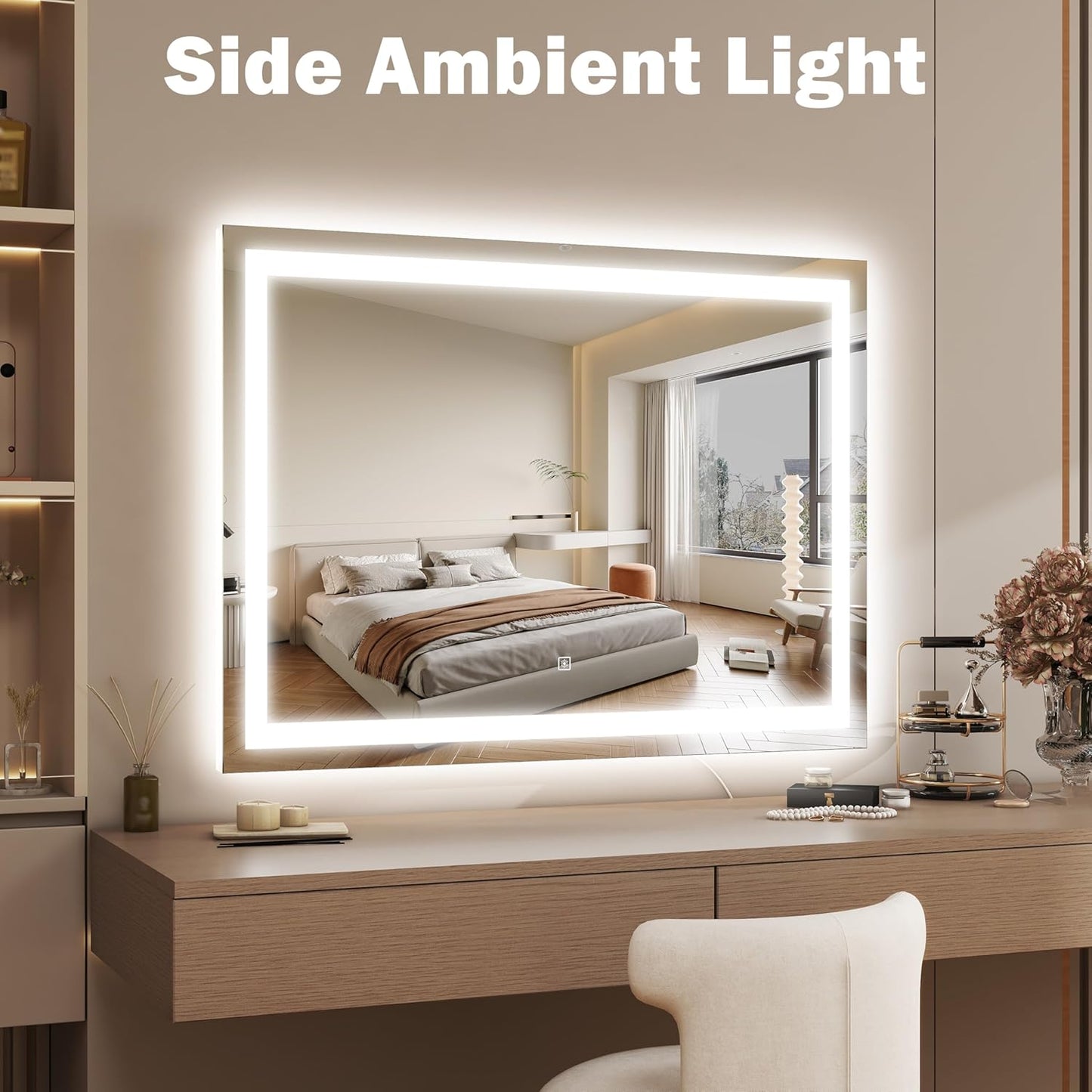 38"x28" Inch Large Lighted Vanity Mirror, 3-Color Lighting & Dimmable Modes, LED Makeup Mirror for Bathroom/Dressing Room (Wall/Tabletop Mount, White)